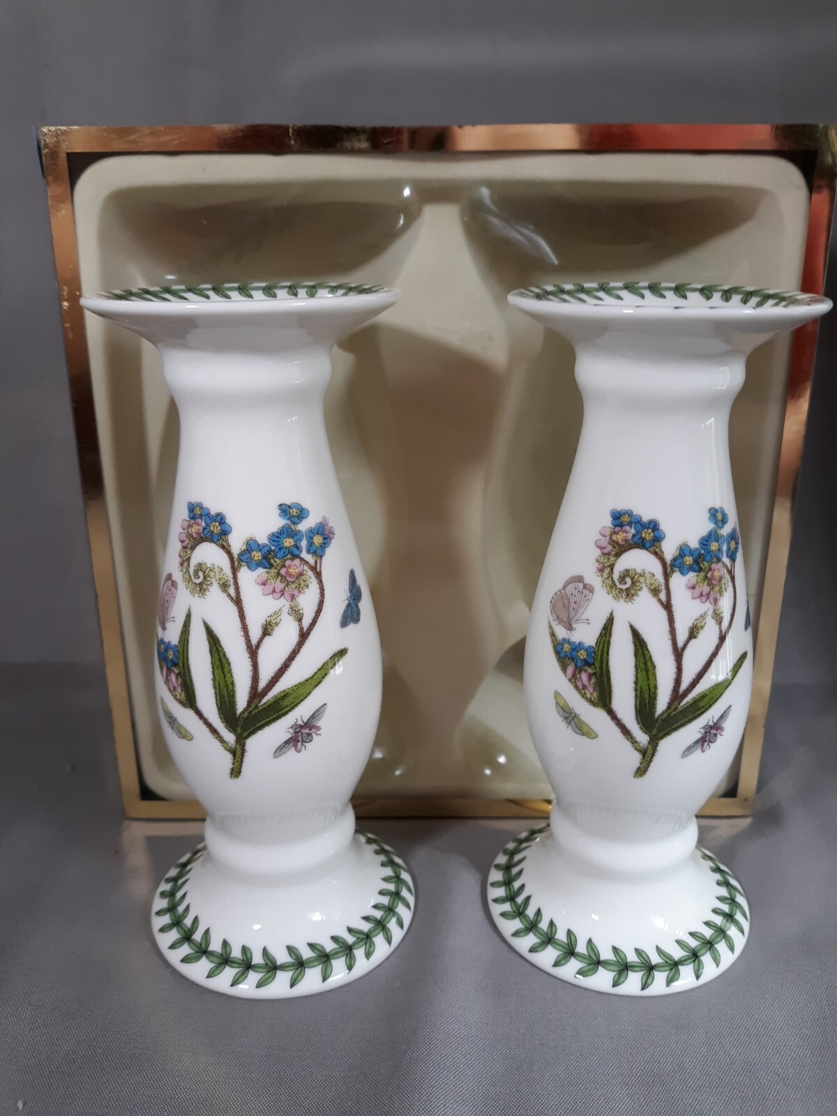 Portmeirion Botanic Garden S/2 6″ Candlesticks Gift Boxed Forget-Me-Not NIB