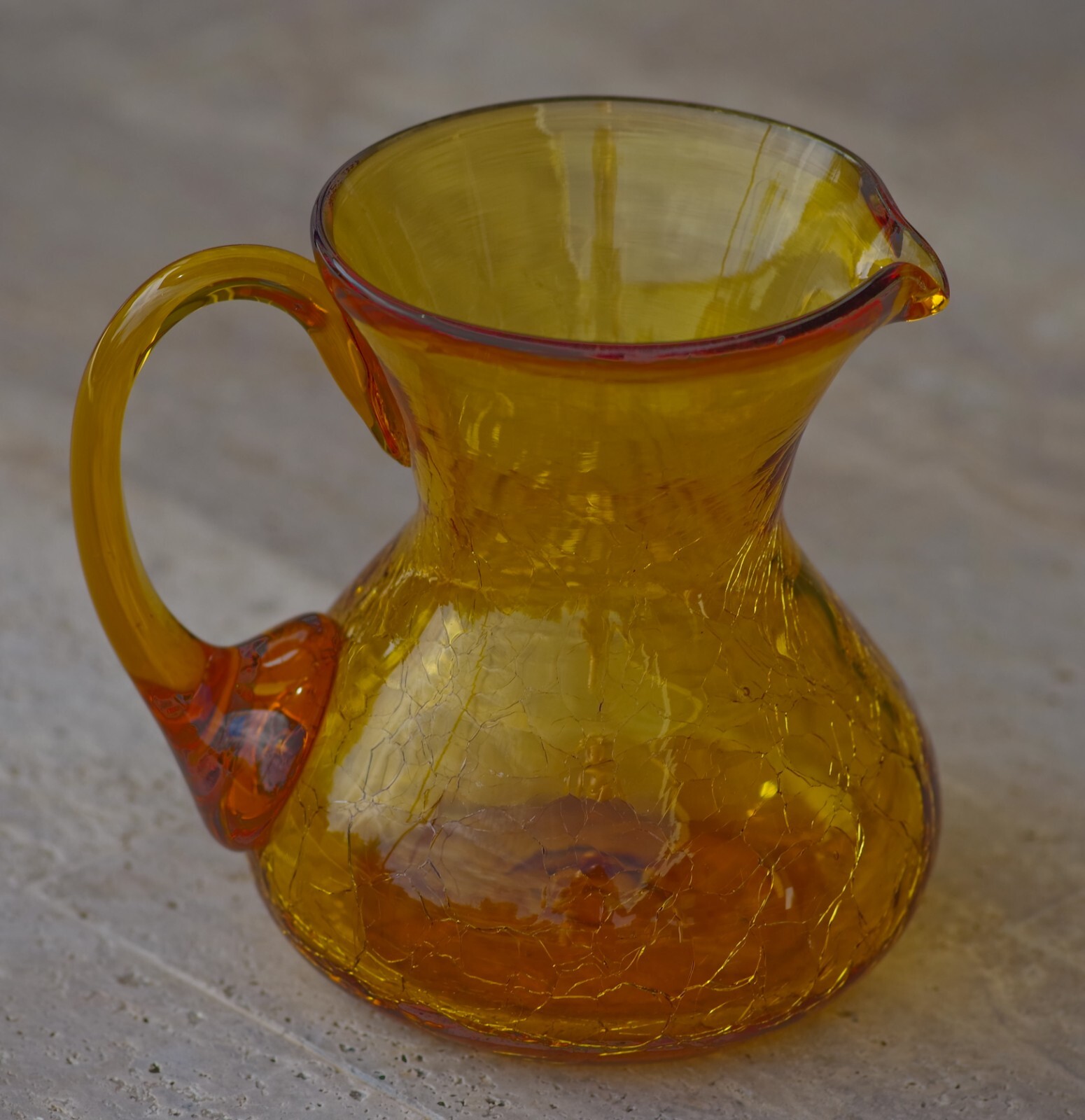 VINTAGE Blenko Crackle Glass Mini Pitcher 4 1/2″H Amber 1960’s Made in USA