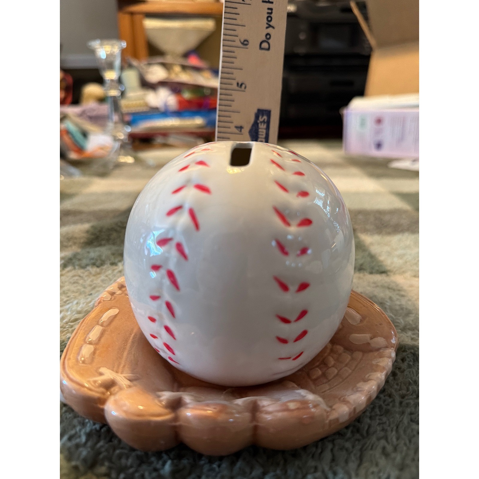 Ceramic Baseball and Glove Piggy Bank White Tan Red Sports Nursery Decor 4 Inch