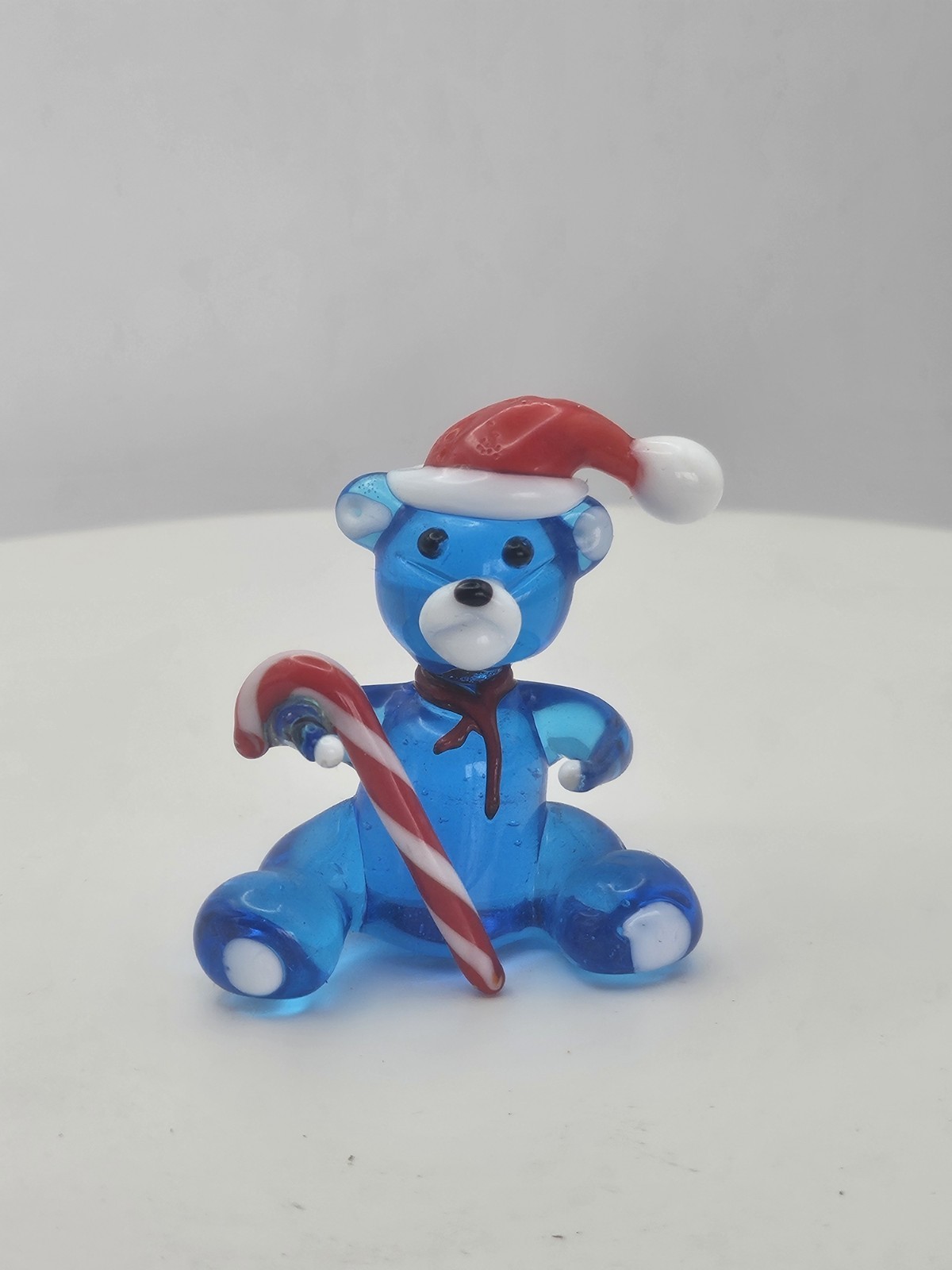 Vtg SPUN ART GLASS ANIMAL FIGURE FINURINE Blue Bear Santa hat candy cane Xmas