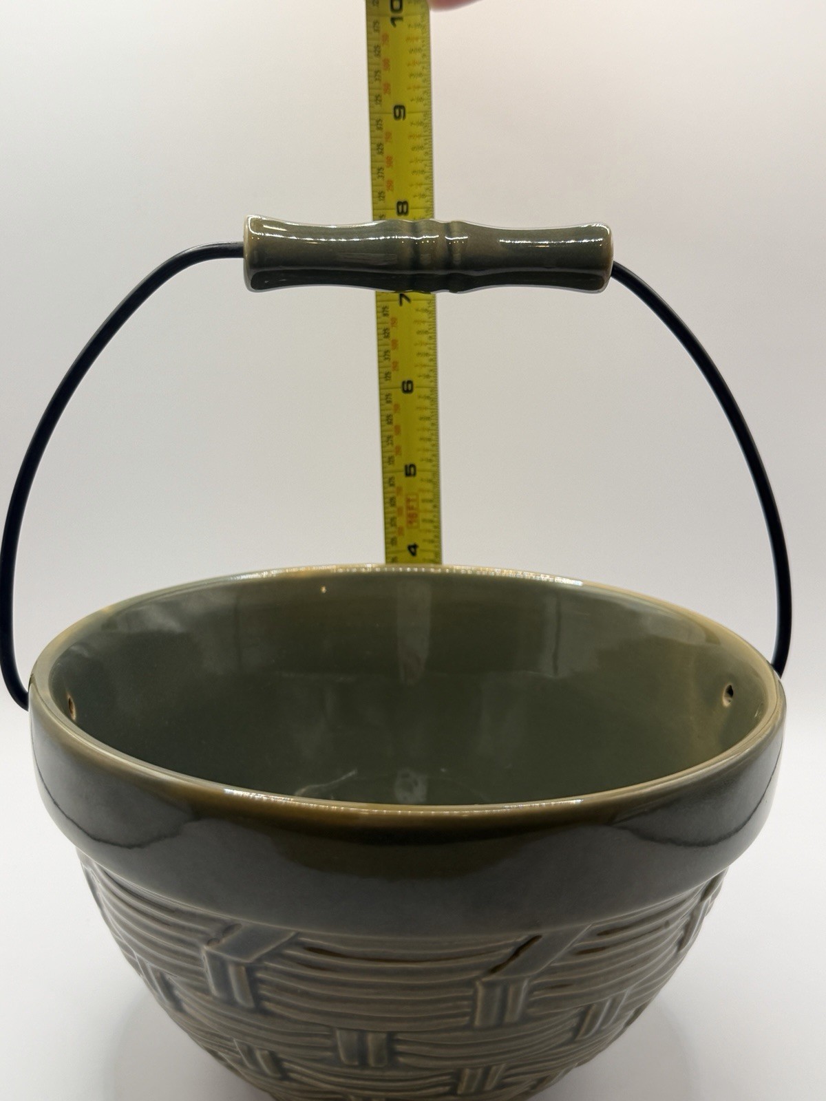 WCL Green Ceramic Basketweave Decorative Basket with Handle, Glossy Finish