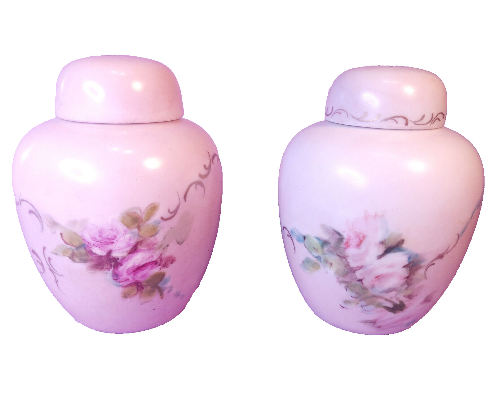 Ginger Jars Pink Floral Vintage Set of 2 Flower Urn Vase Porcelain Signed 5 Inch
