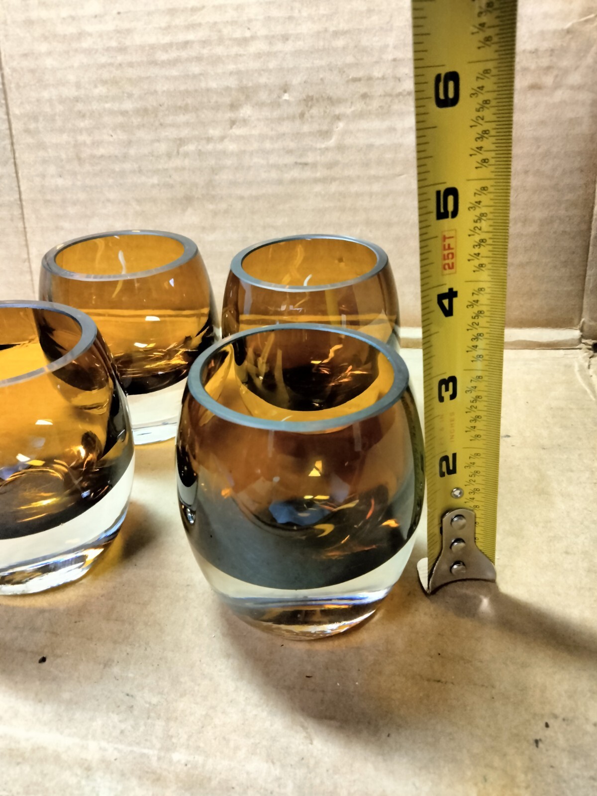 4 Mikasa Art Glass Amber Candle Votive Holder Mid Century Heavy Bottom 3″ Tall