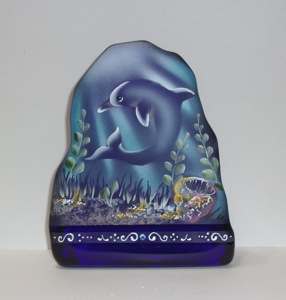 Fenton Glass Cobalt Blue Dolphin Seascape Paperweight Lt Ed JK Spindler #11/13