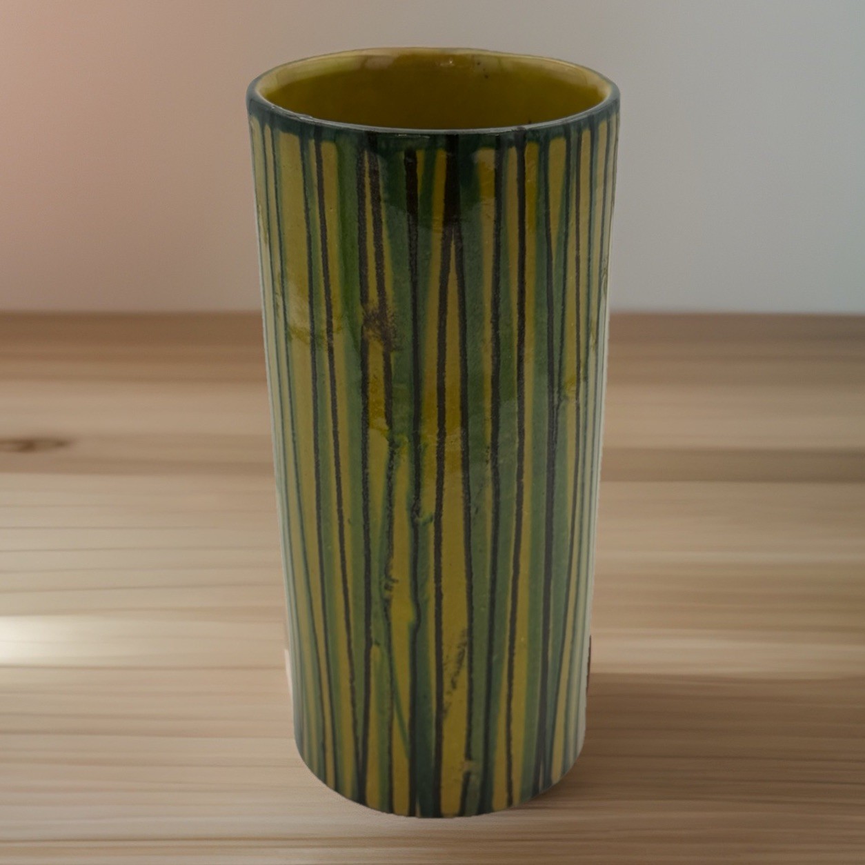 Vintage Mid-Century Italian Yellow Green Multi Color Striped Cylinder Vase ITALY
