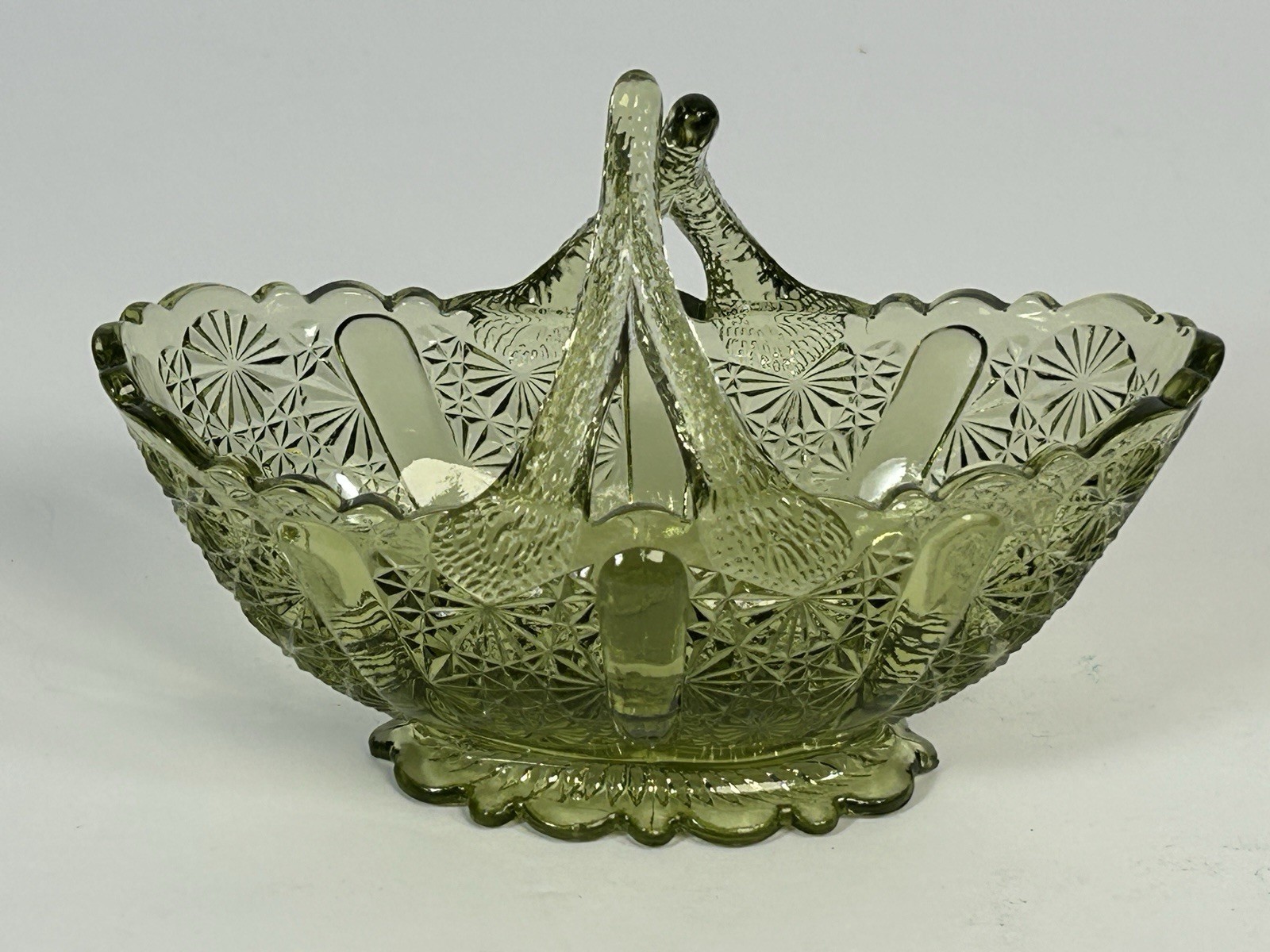 Fenton Art Glass Colonial Green Daisy and Button Split Twig Handle Glass Basket