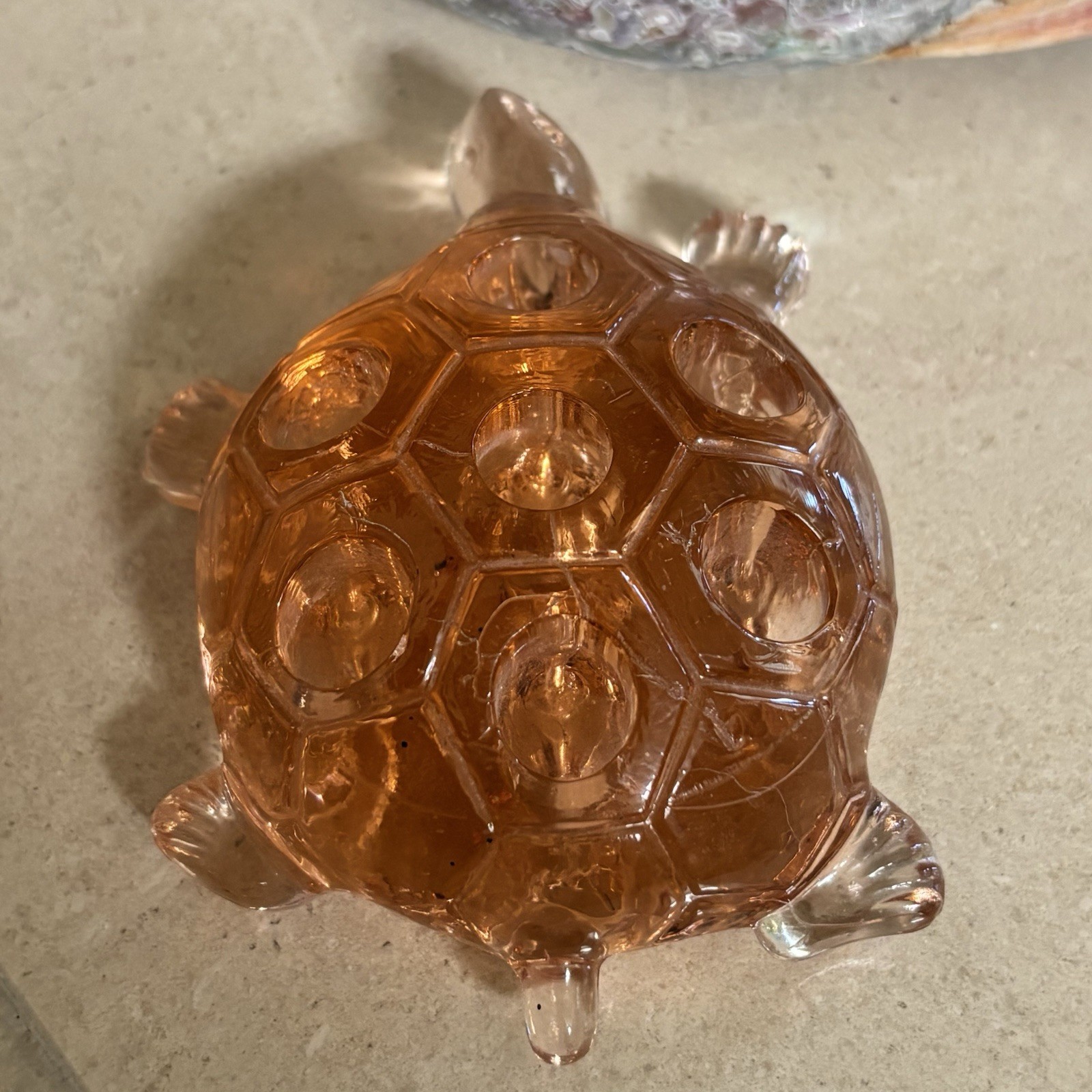 Vintage Glass Turtle ~ Flower Frog ~ Pink Glass ~ 7 Hole ~ 4 3/8”