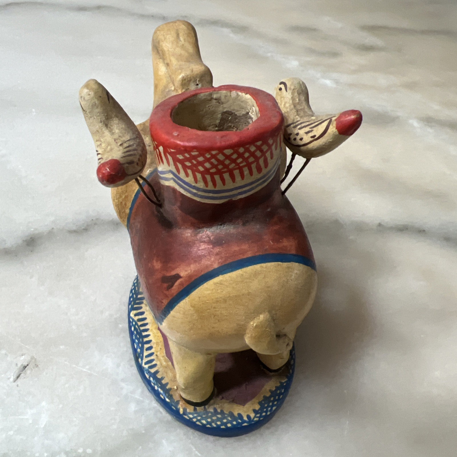 Vtg Mexican Folk Art Pottery Elephant w/ Birds Candle Holder 5″ long 4.5″ tall