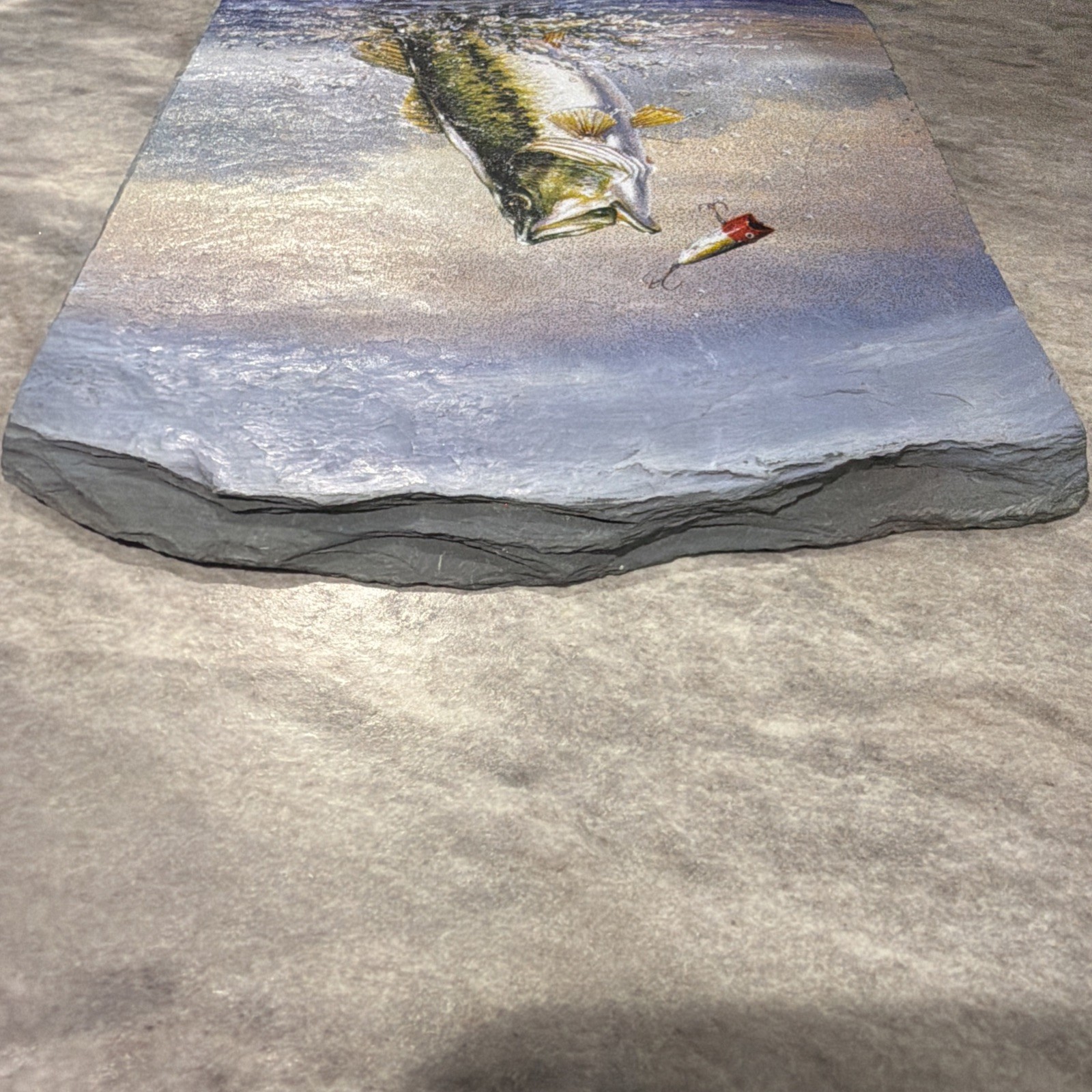 Vtg Jumping Bass Fish Lure Painted Slate Tile Art 8”x7”