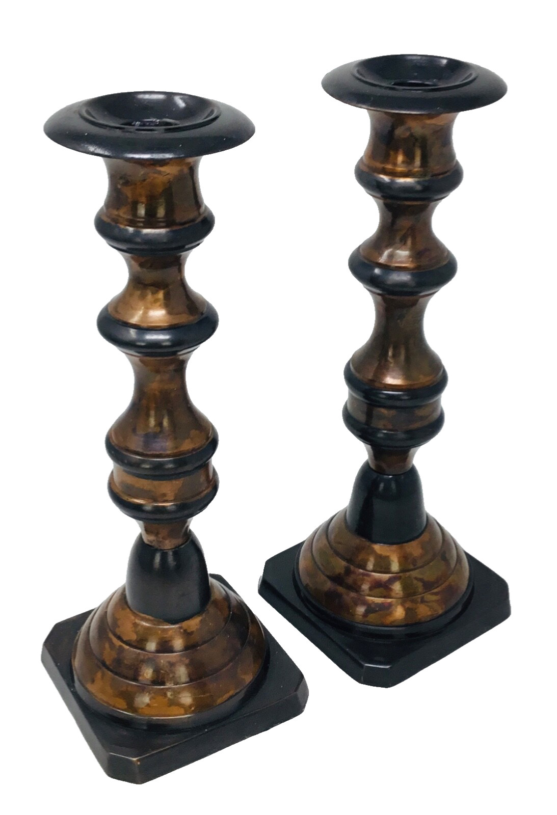 Candle Stick Holders Set—2 Copper, Brass Tone, Black Painted Metal India 9.25”