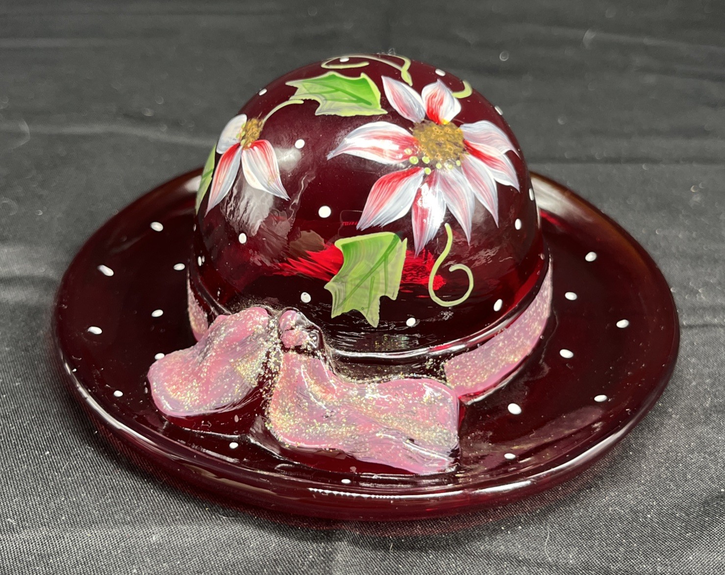 Fenton 100th Anniversary Red Hand Blown Glass Ladies Hat Hand Painted Signed