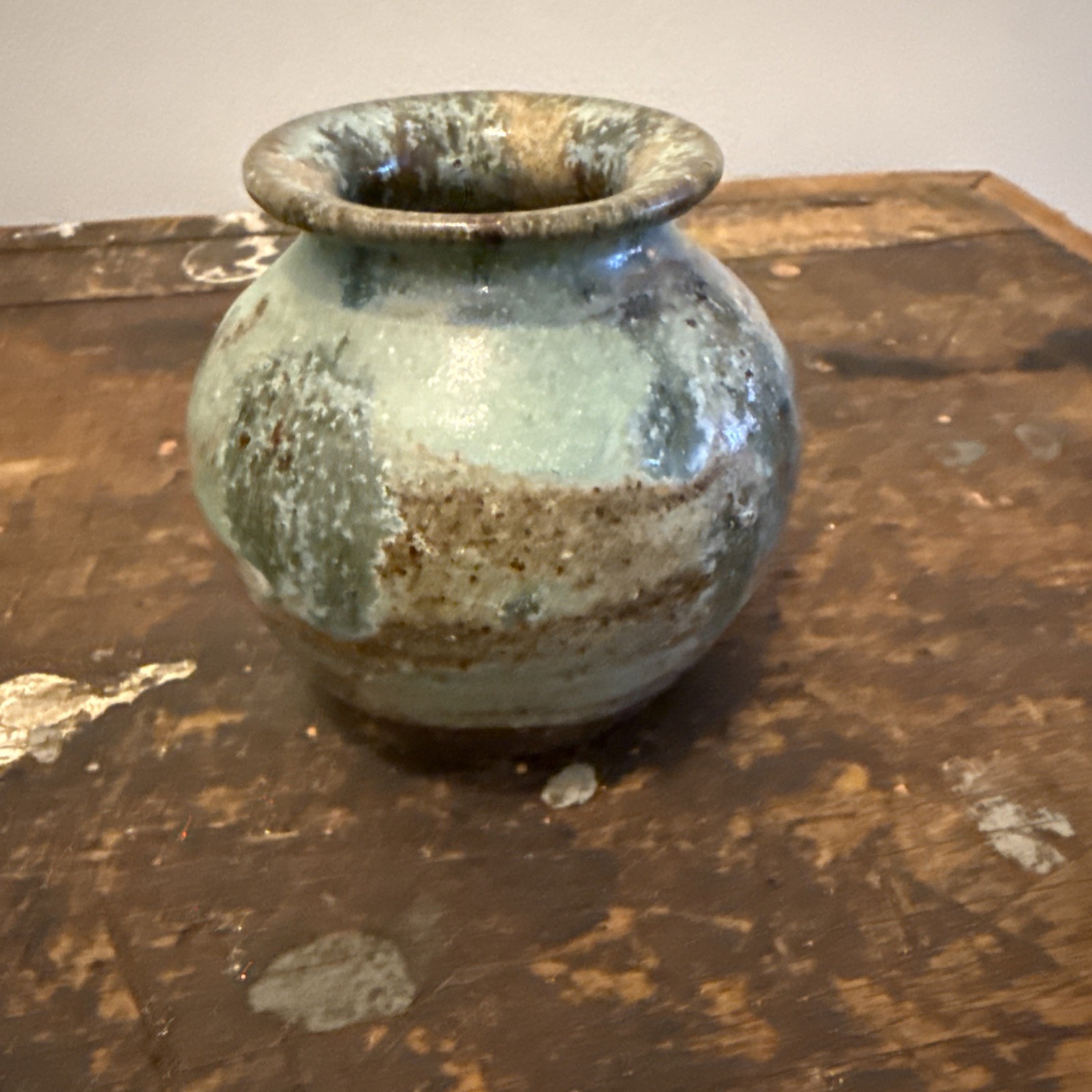 Vintage Pottery Vase 3.25 inches tall Blue over Brown signed DR