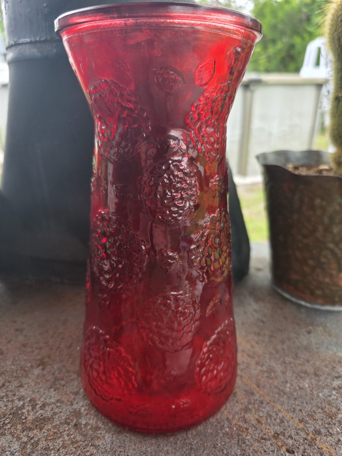 VTG Fenton Ruby Red Vase Fruit Berry Floral Pattern Embossed 9.75″ Acorn On Base