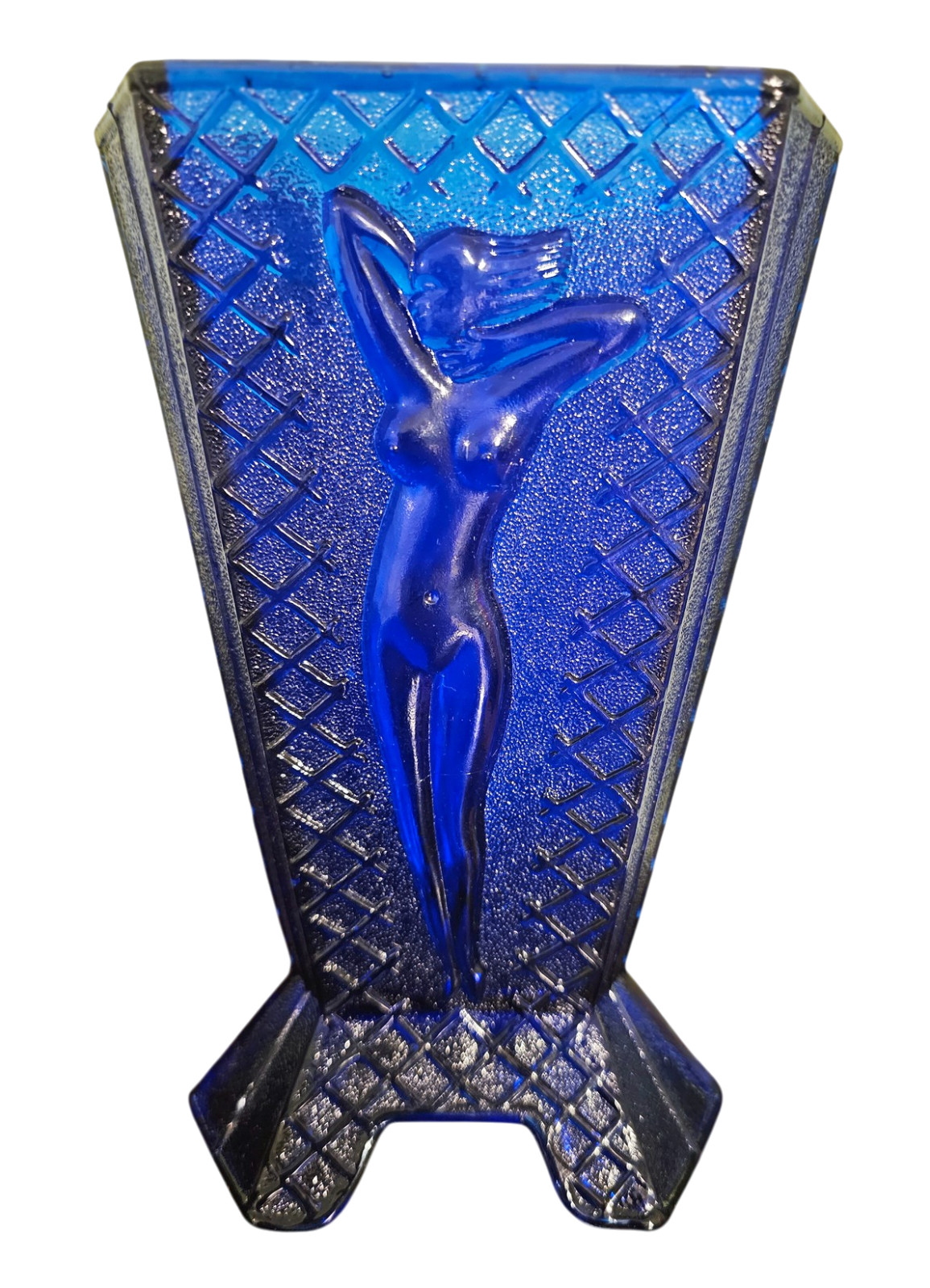 Nude Lady Cobalt Blue Vase Art Deco McKee Style Pressed Glass 8”