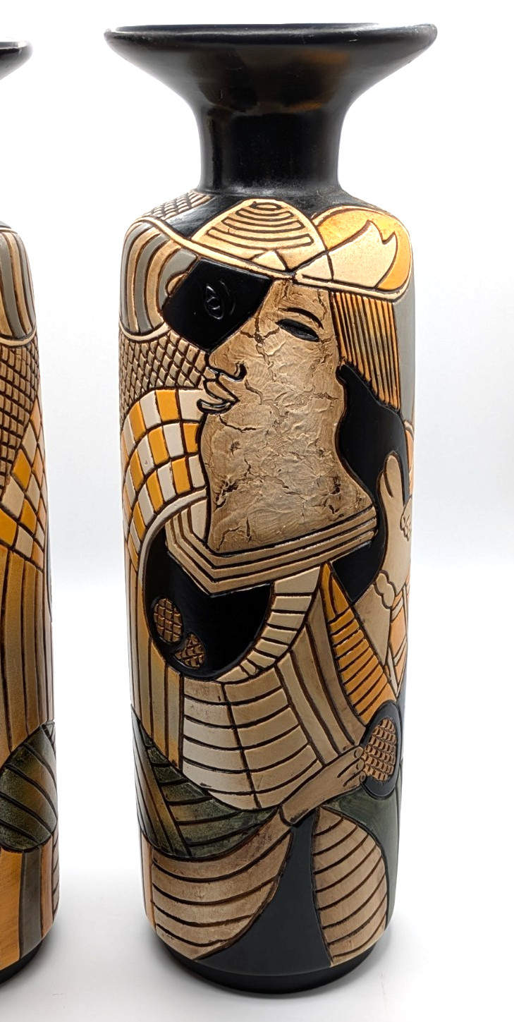 2 PICASSO STYLE CUBIST CERAMIC VASES MATCHED PAIR HAND PAINTED ABSTRACT FACE 16″