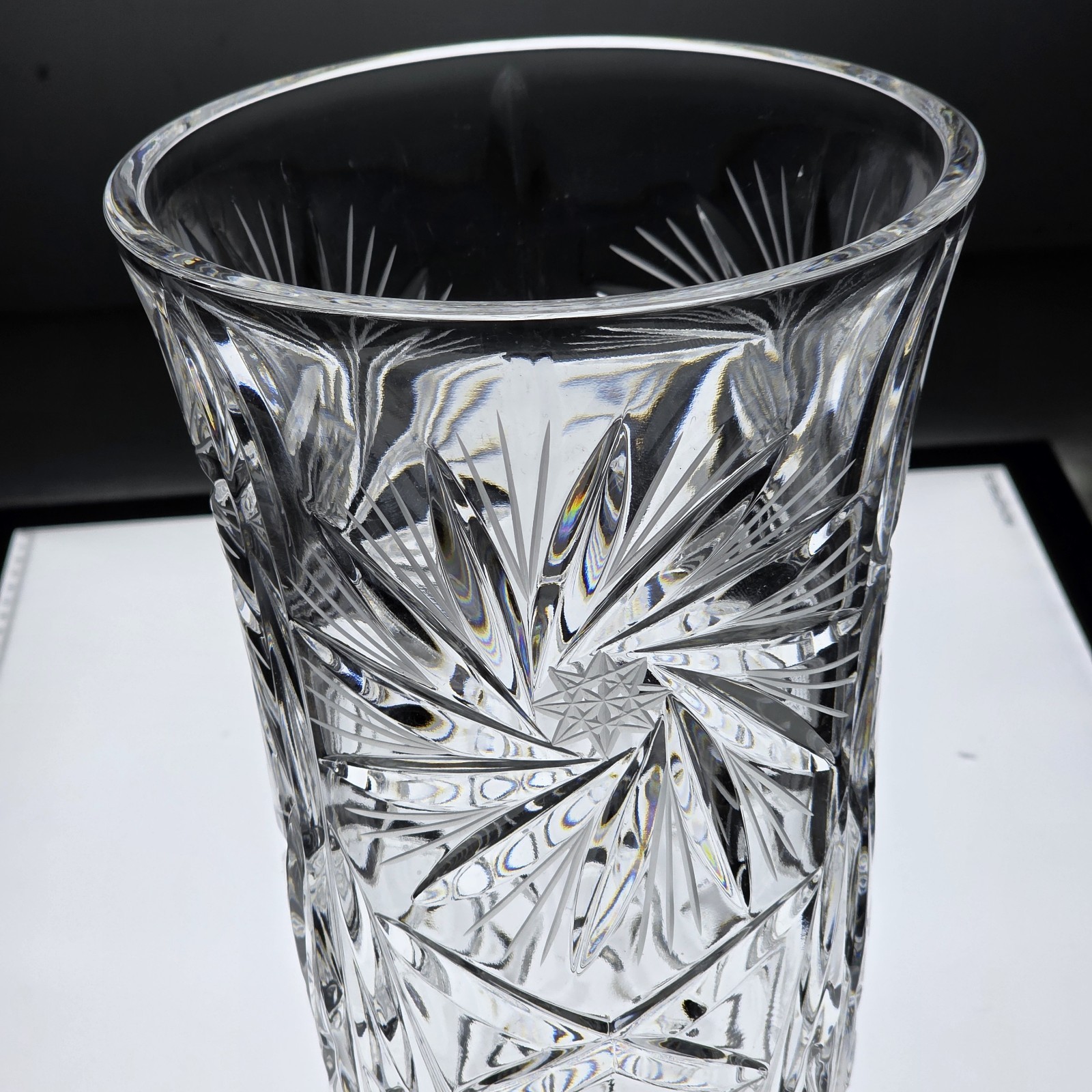 Antique Czech Heavy 5lb Thick Round Crystal Starburst Etched 9-3/4” Glass Vase