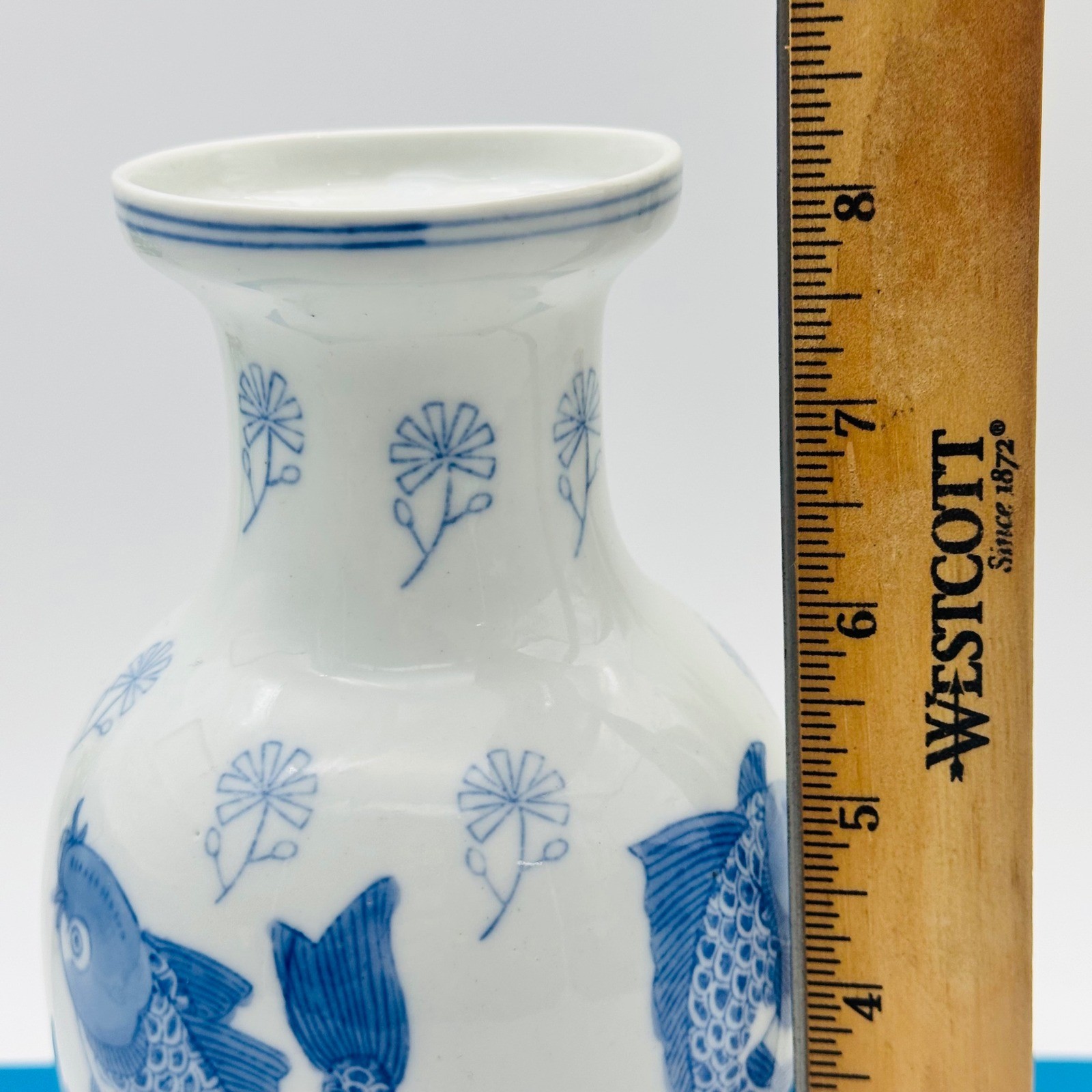 Vintage Blue and White Porcelain Koi Fish Vase Chinoiserie Floral 8 Inch