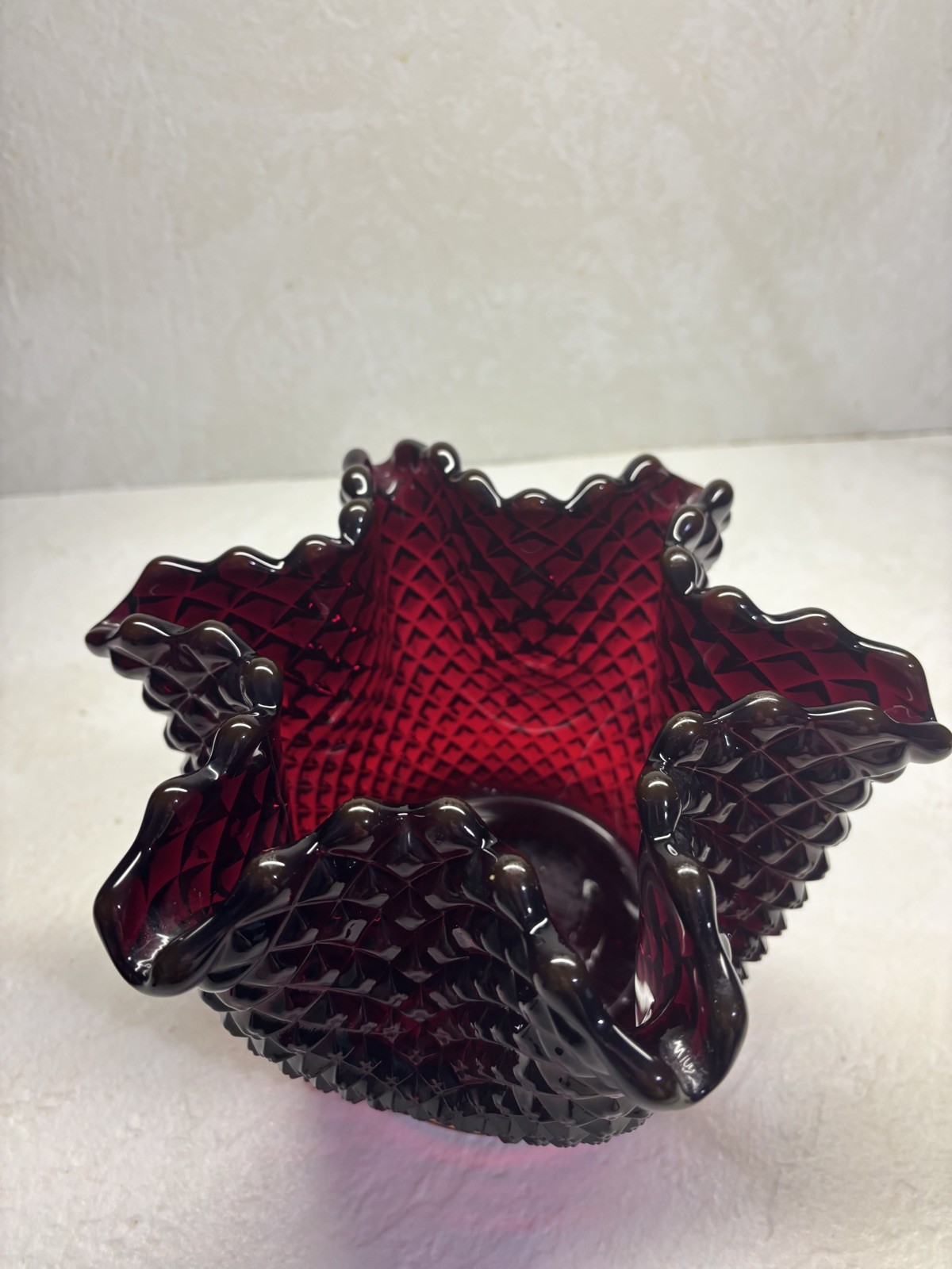 VTG Fenton Deep Red Ruffled Edge Hobnail Rose Bowl Vase 6 Inch