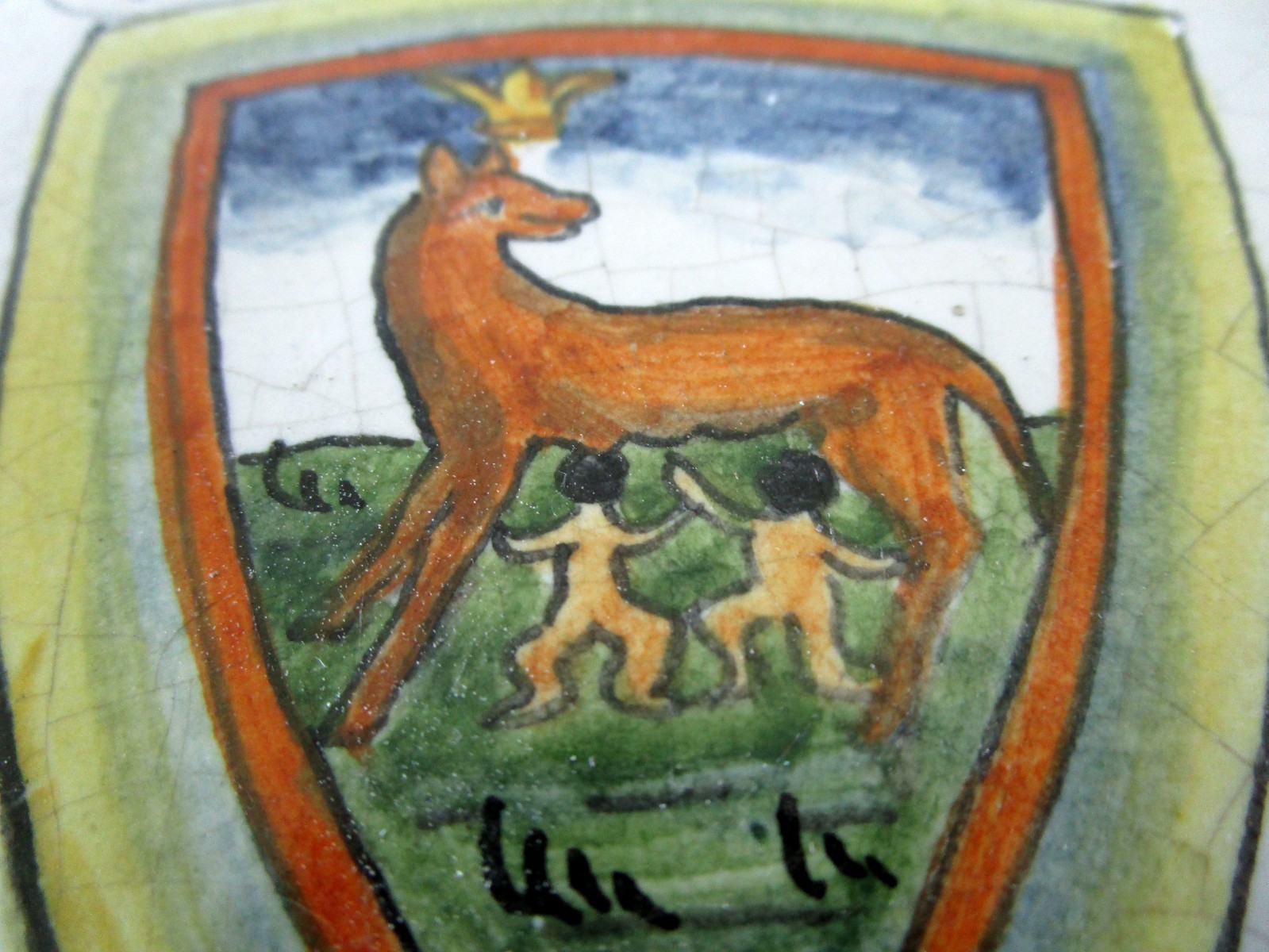 Vintage Italian Hand Painted Tile Rome Coat of Arms Wolf Romulus and Remus 4×4