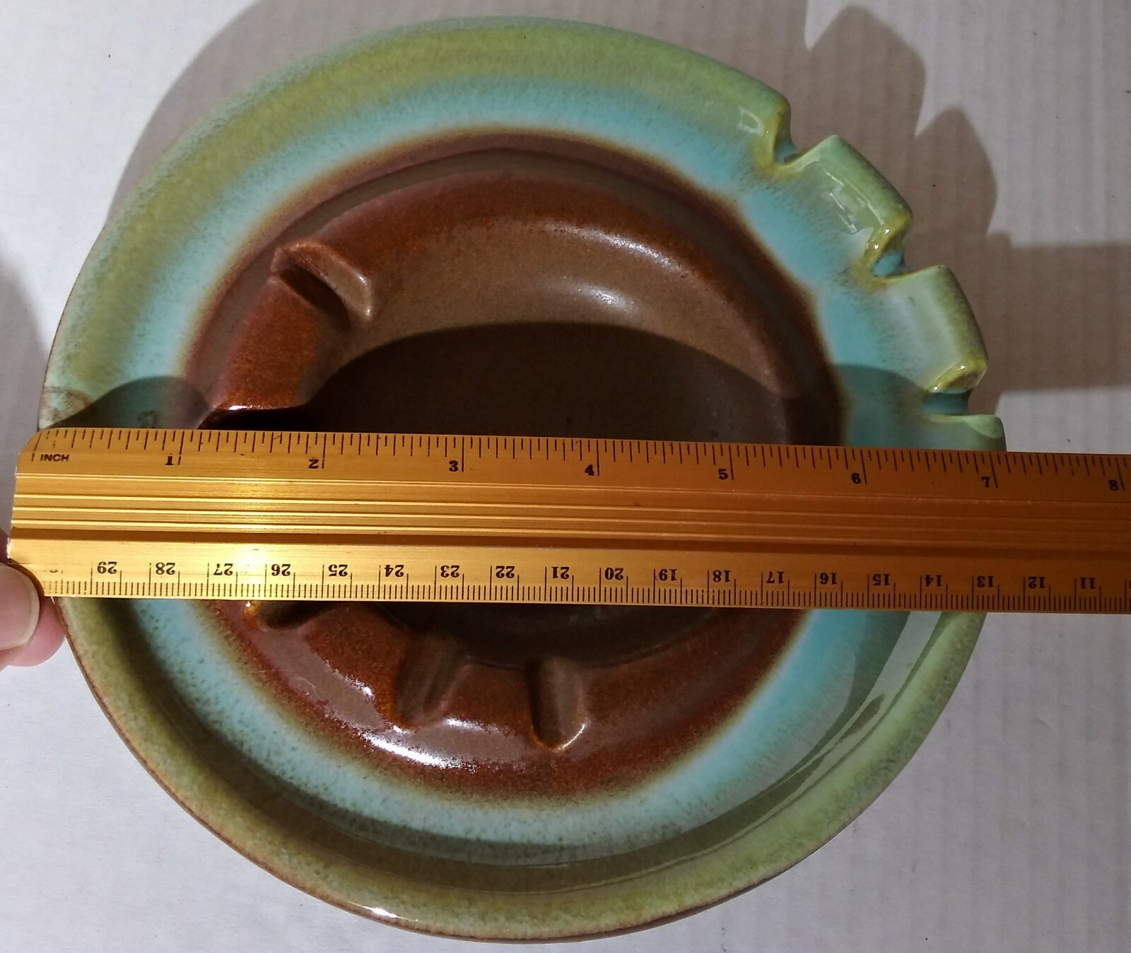 Vintage Pottery Ashtray Round 7″ Green Blue & Brown