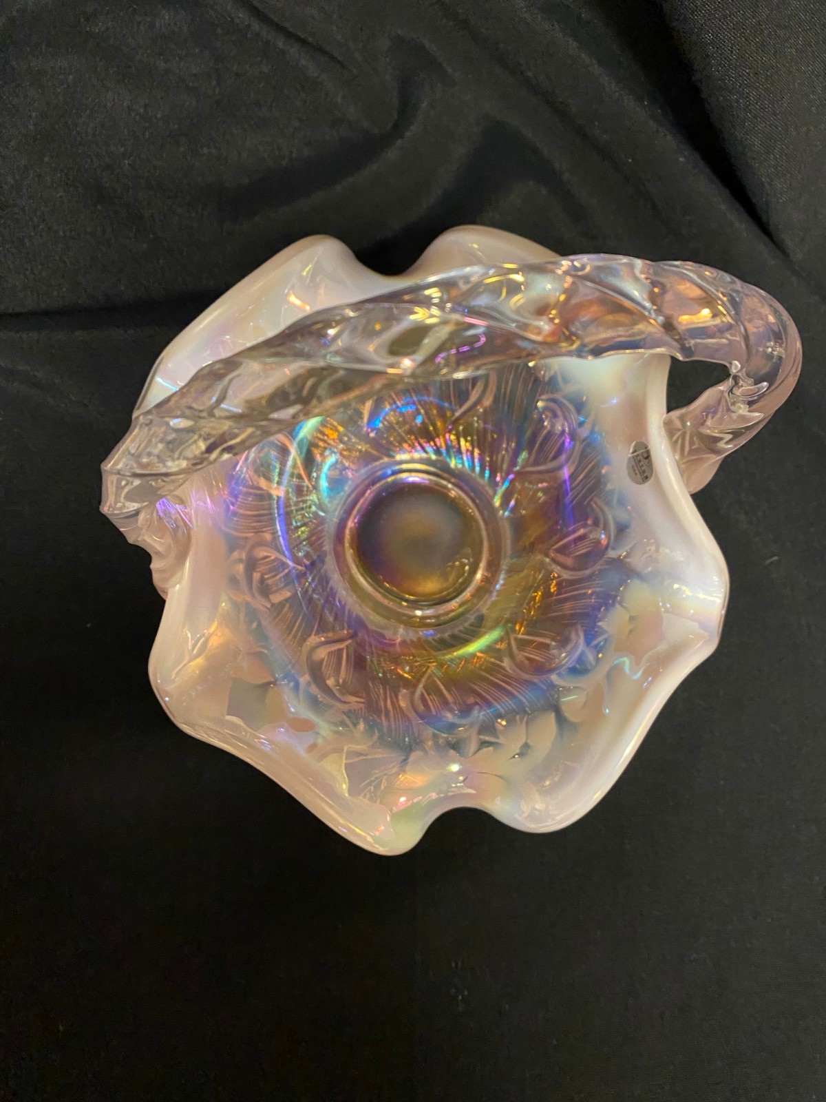 Fenton Pink Champagne Satin Opalescent Glass Lily Of Valley Twist Handle Basket