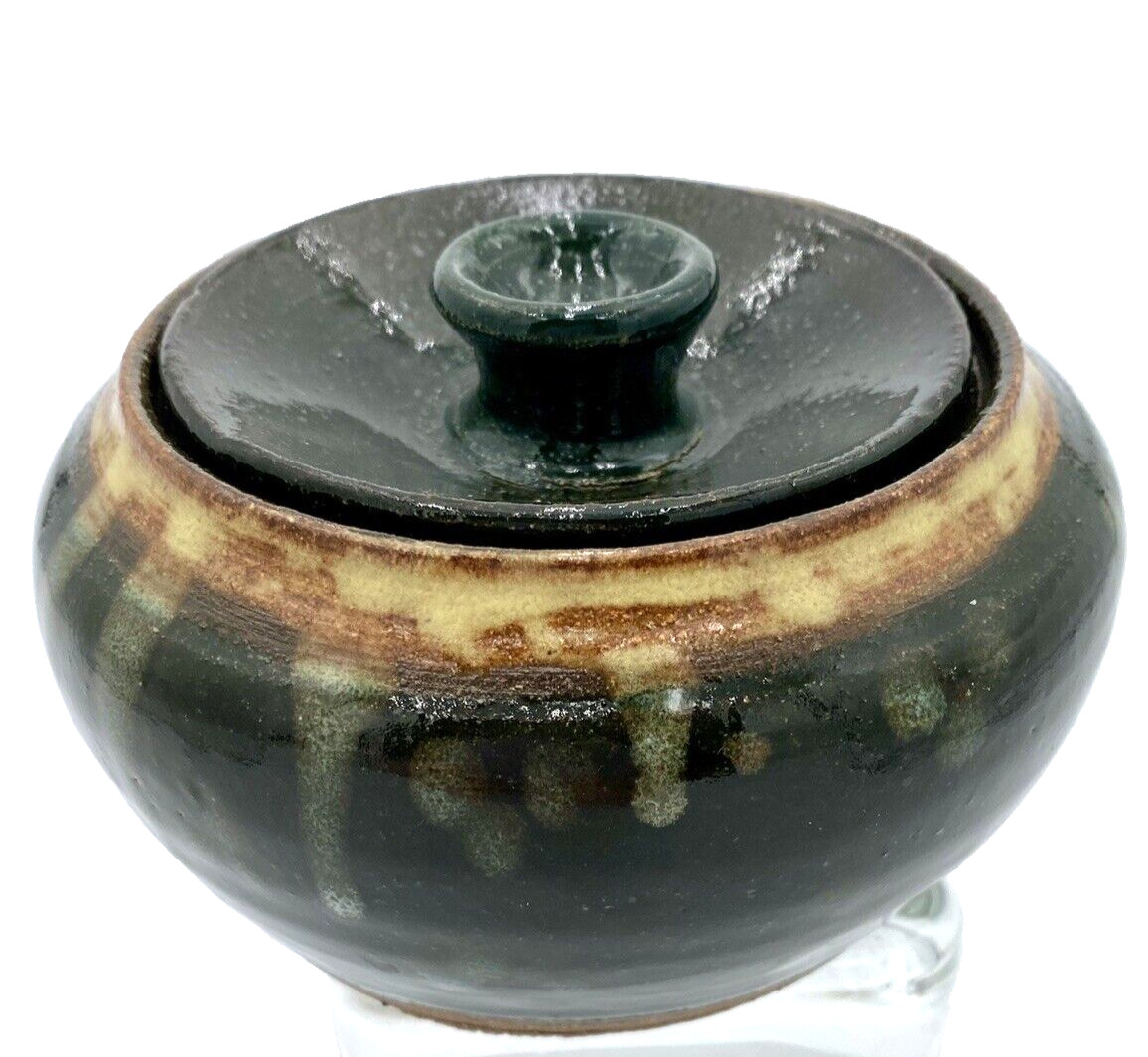 Studio Pottery Lidded Bowl, Signed, Forest Green w/Yellow, Surprise Inside!
