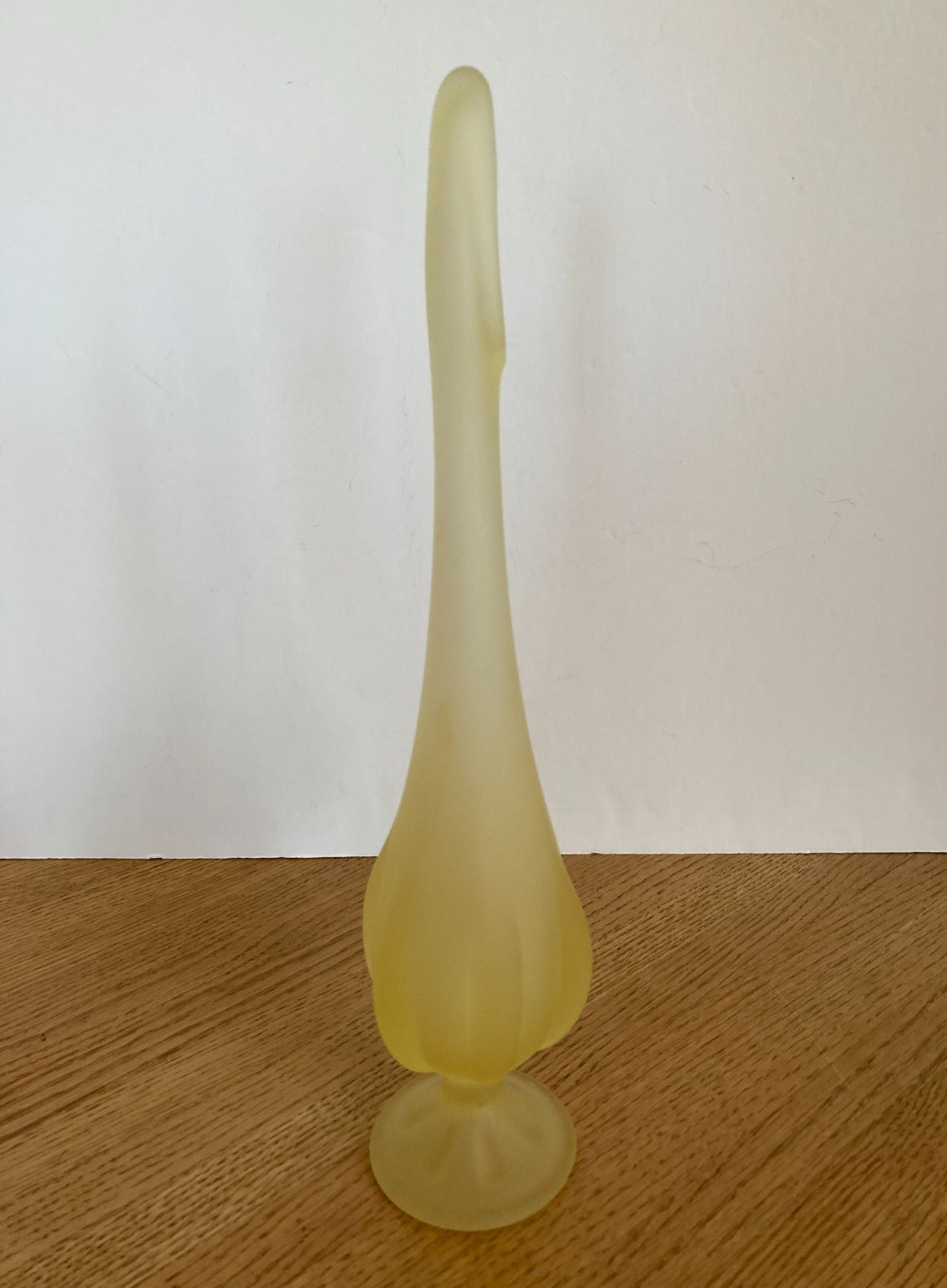 Vintage Viking Glass Yellow Satin Frost 6 Petal 12″ Footed Swung Vase w/ Label