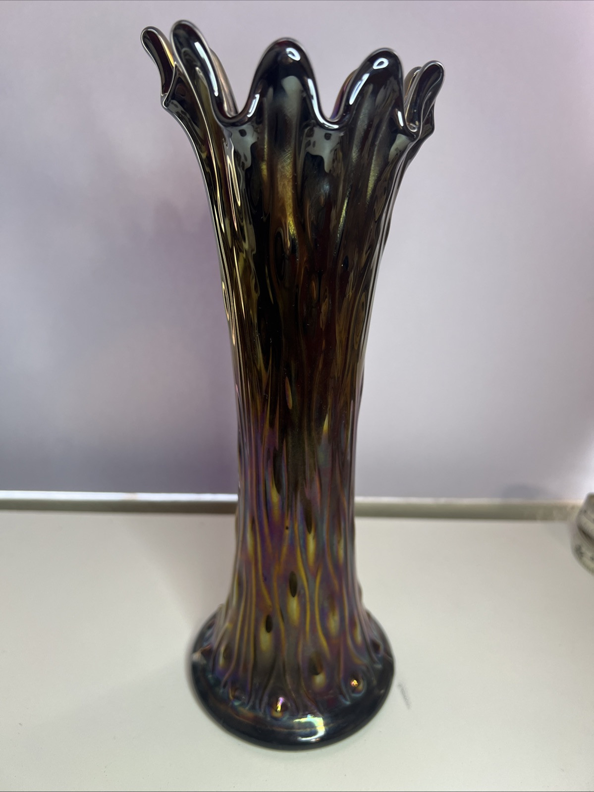 Beautiful Northwood Cobalt Amethyst Tree Trunk Iridescent Carnival Glass Vase