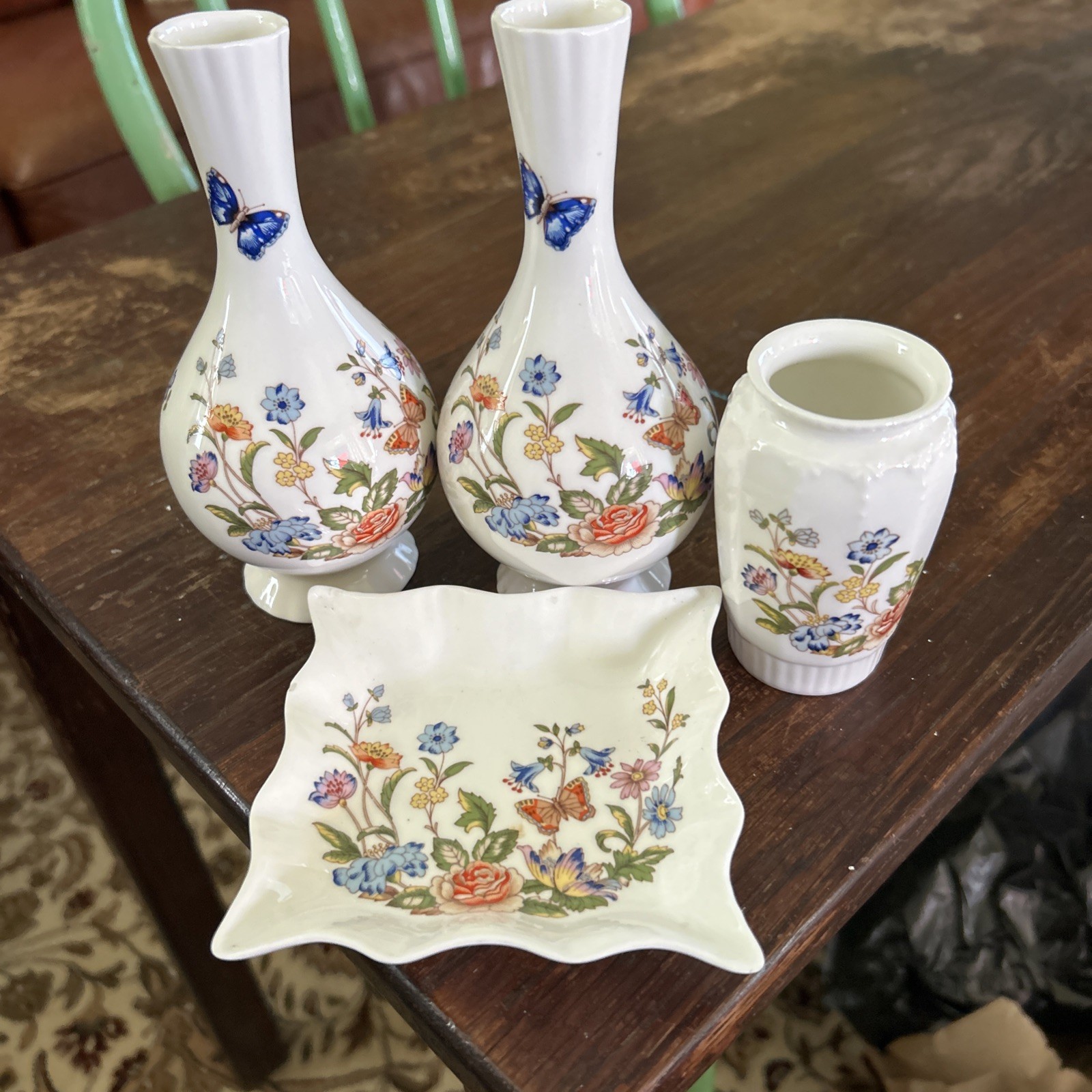 3 Royal Aynsley Fine Bone China Cottage Garden Bud Vases & Trinket Dish 4 Pieces
