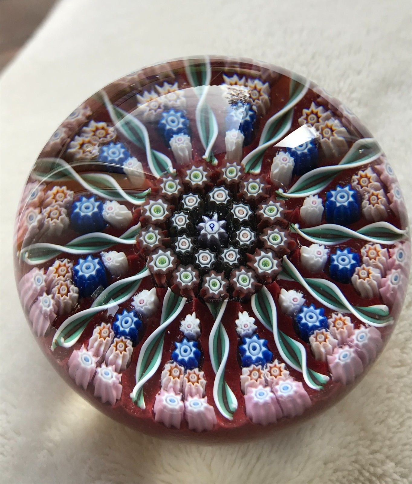 PERTHSHIRE Millefiori Twist on RED Ground Scottish Paperweight EXCELLENT