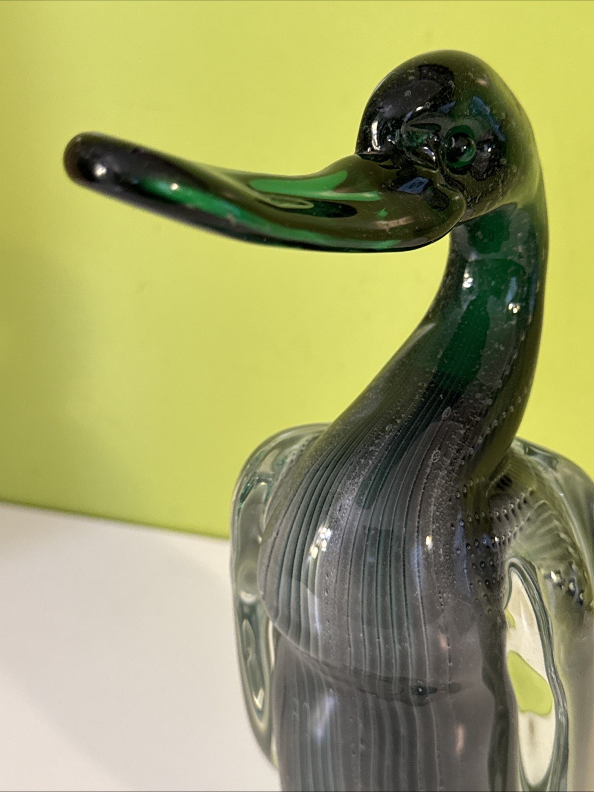 Vintage Alfredo Barbini VAMSA Murano Green Glass Duck Sfumato Bullicante, 11.5”