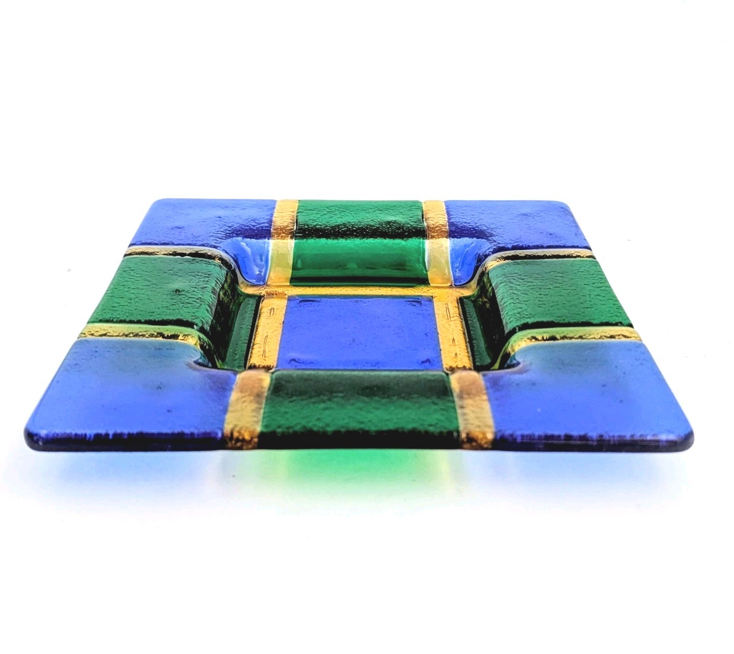 Vintage Fused Glass Art Trinket Dish Ashtray Blue Green Gold Geometric 7″