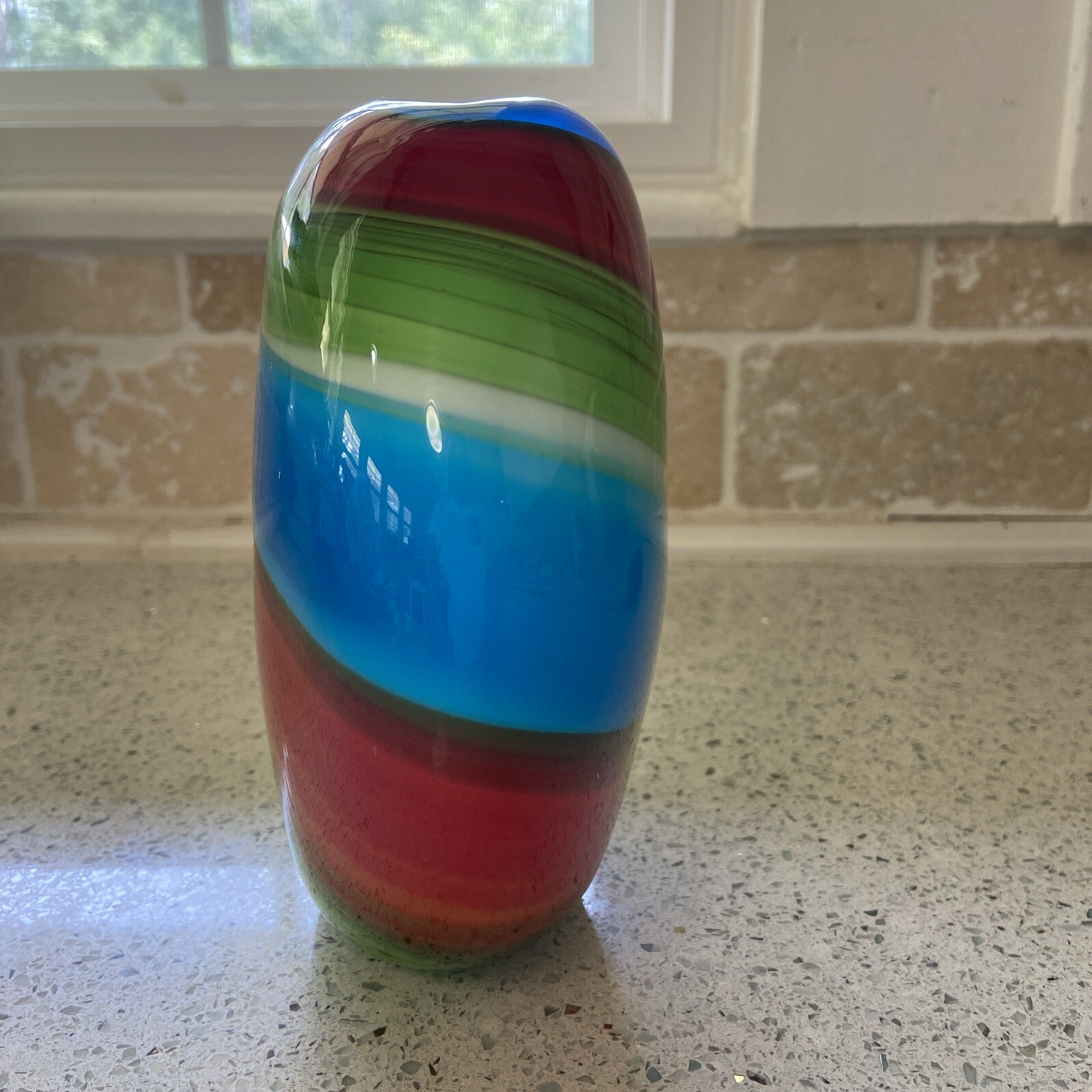 Murano Hand Blown Blue Red Cased Colorful Swirl Art Glass Multicolor 6 Inches