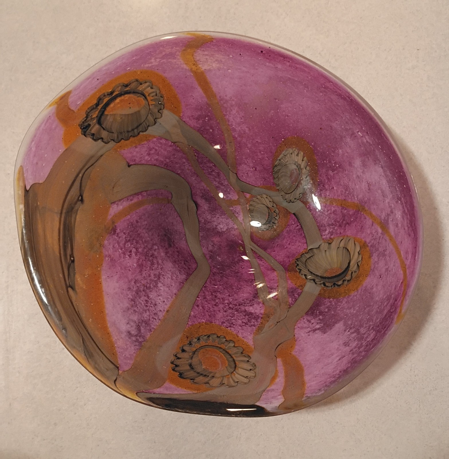 Signed Robert Eickholt Purple Swirl Sea Flowers Art Glass Shallow Bowl/Vase