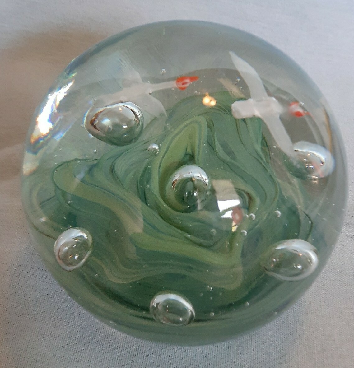 Hand Blown Art Glass Paperweight Round Ocean Birds Flying Bubbles Water