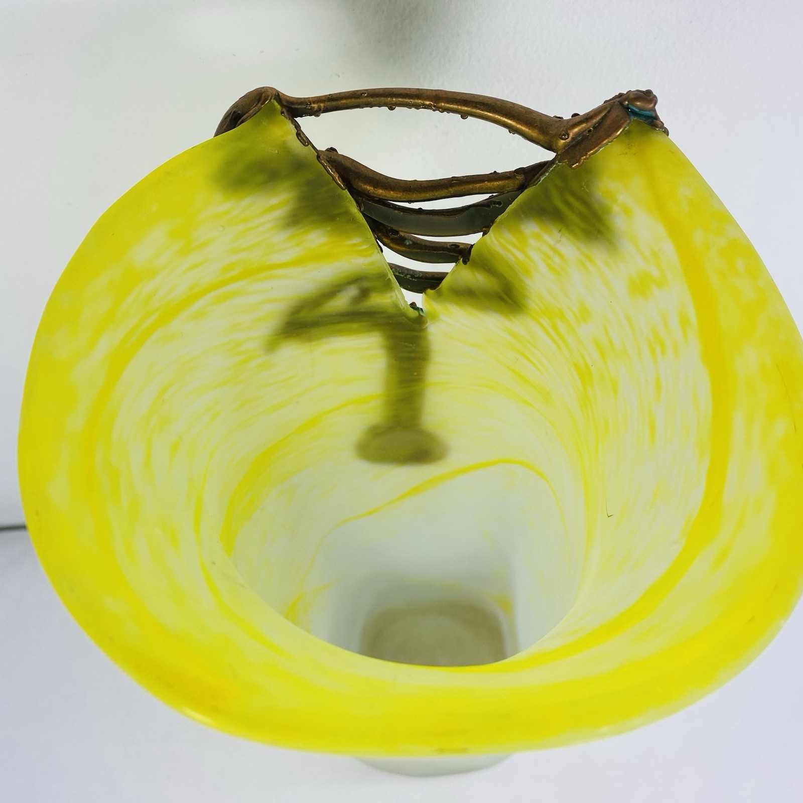 Filip Ravert Style Romblast Frosted Yellow Vase Applied Bronze Into Rim Romania