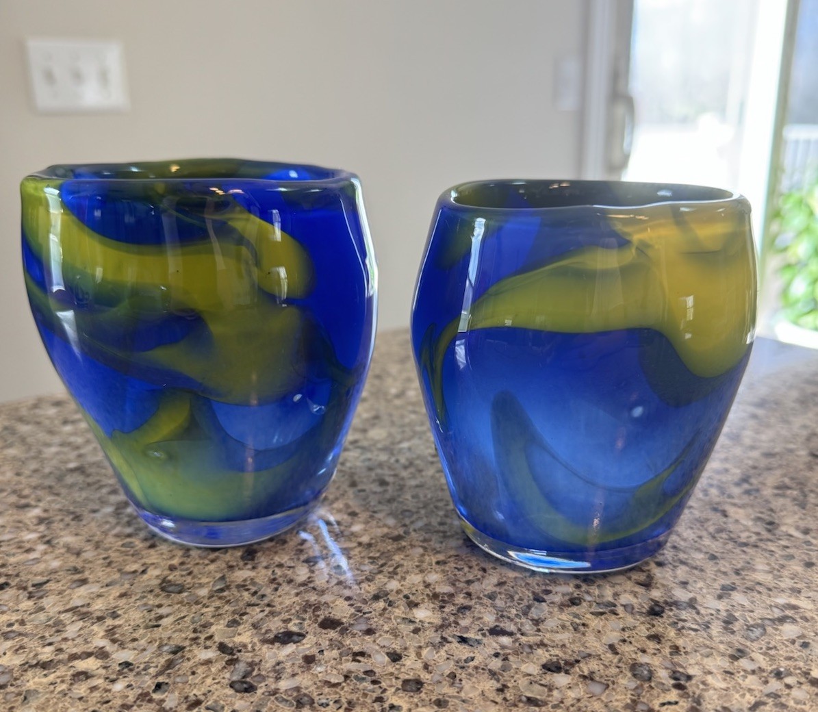 Cary Ferguson 2007 Signed Art Glass Tumblers Blue Chartreuse Swirl Votives Pair