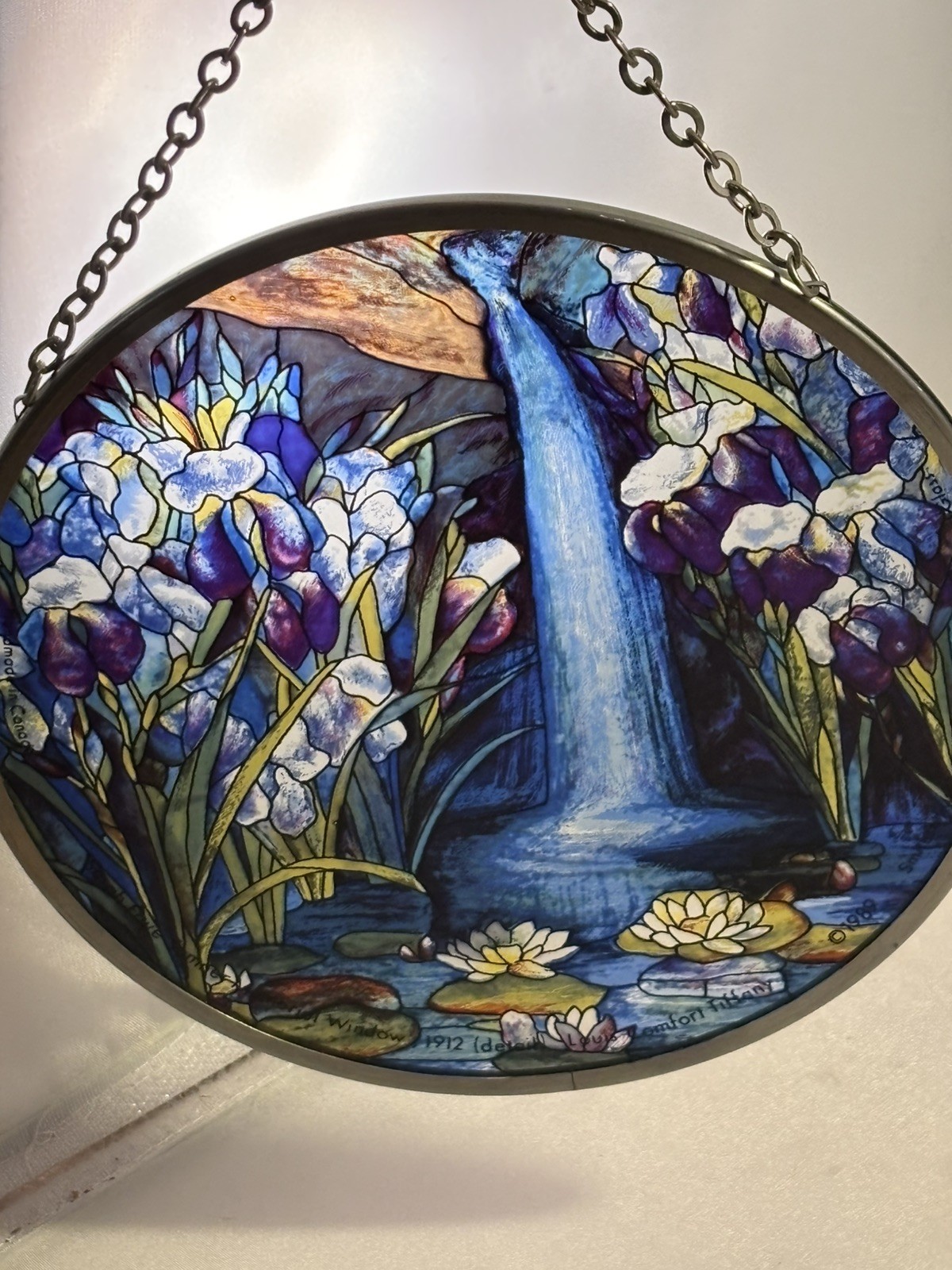 Signed Louis C Tiffany 1989 Toronto Stained Glass Suncatcher Waterfall Iris EUC