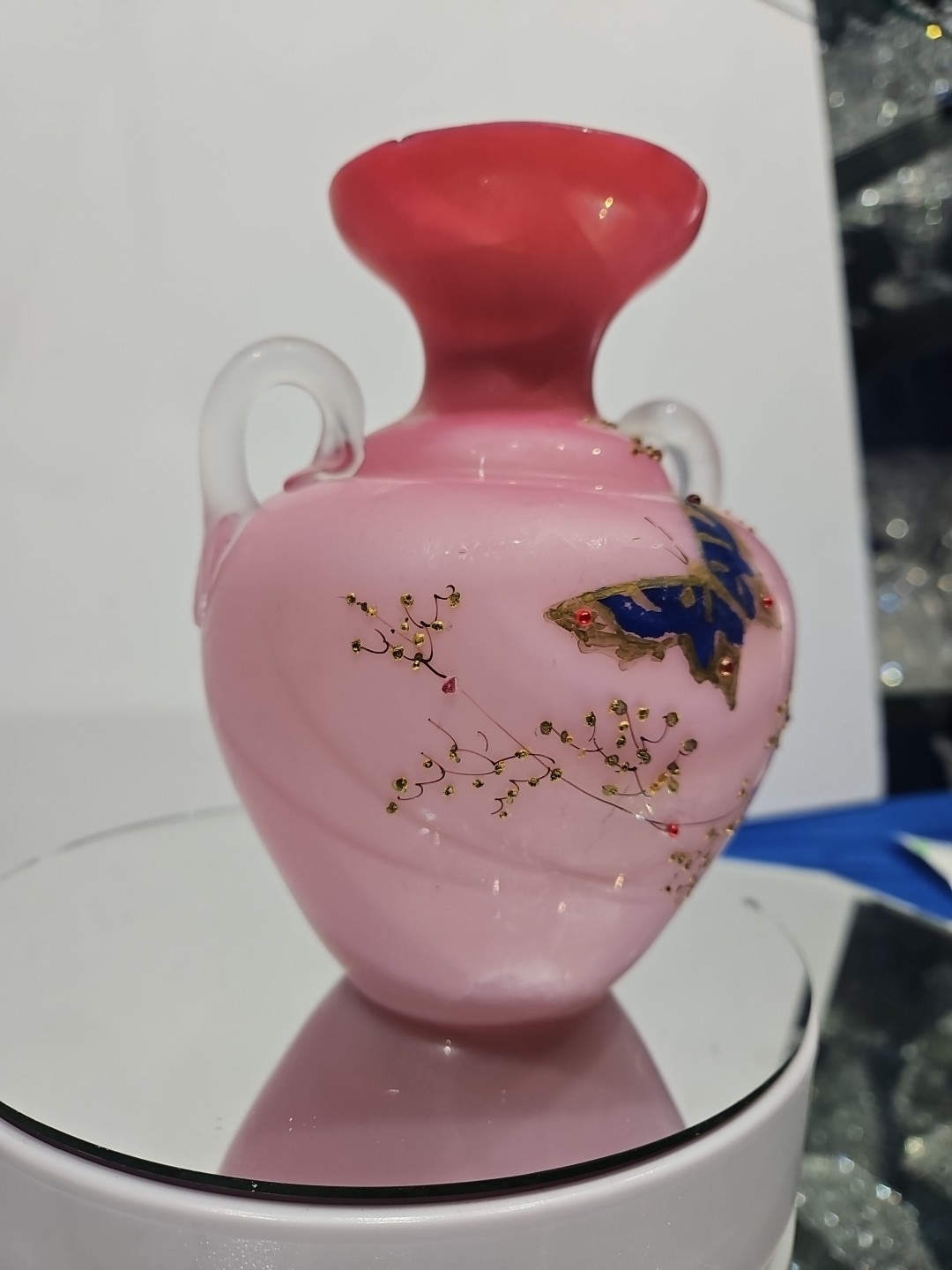 Art Glass Vase w/ handles Cased Pink white Peach Blow butterfly enamel victorian
