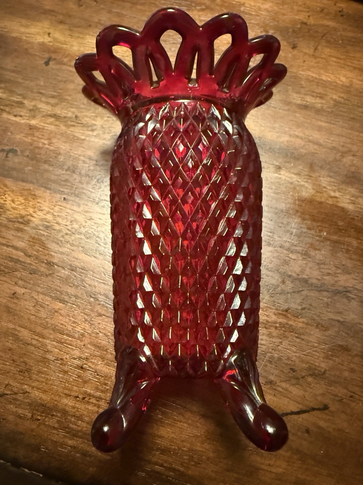 Vintage Imperial Vase Glass Diamond Point Pattern Ruby Red Footed Open Lace Rim