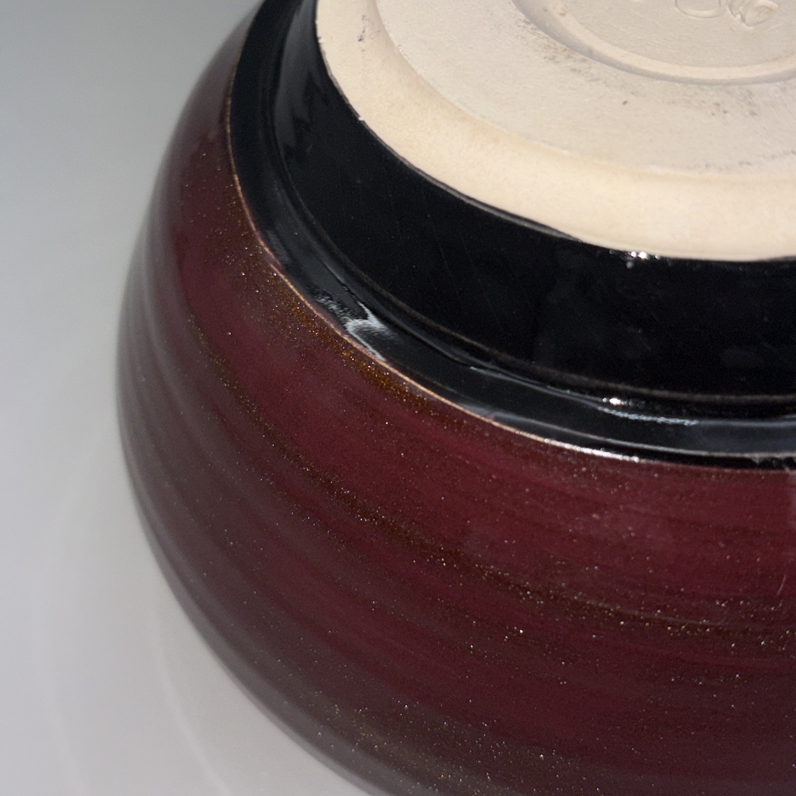 Signed Studio Art Pottery Squat Vase 2006 Maroon Gold Glitter Glaze 7″