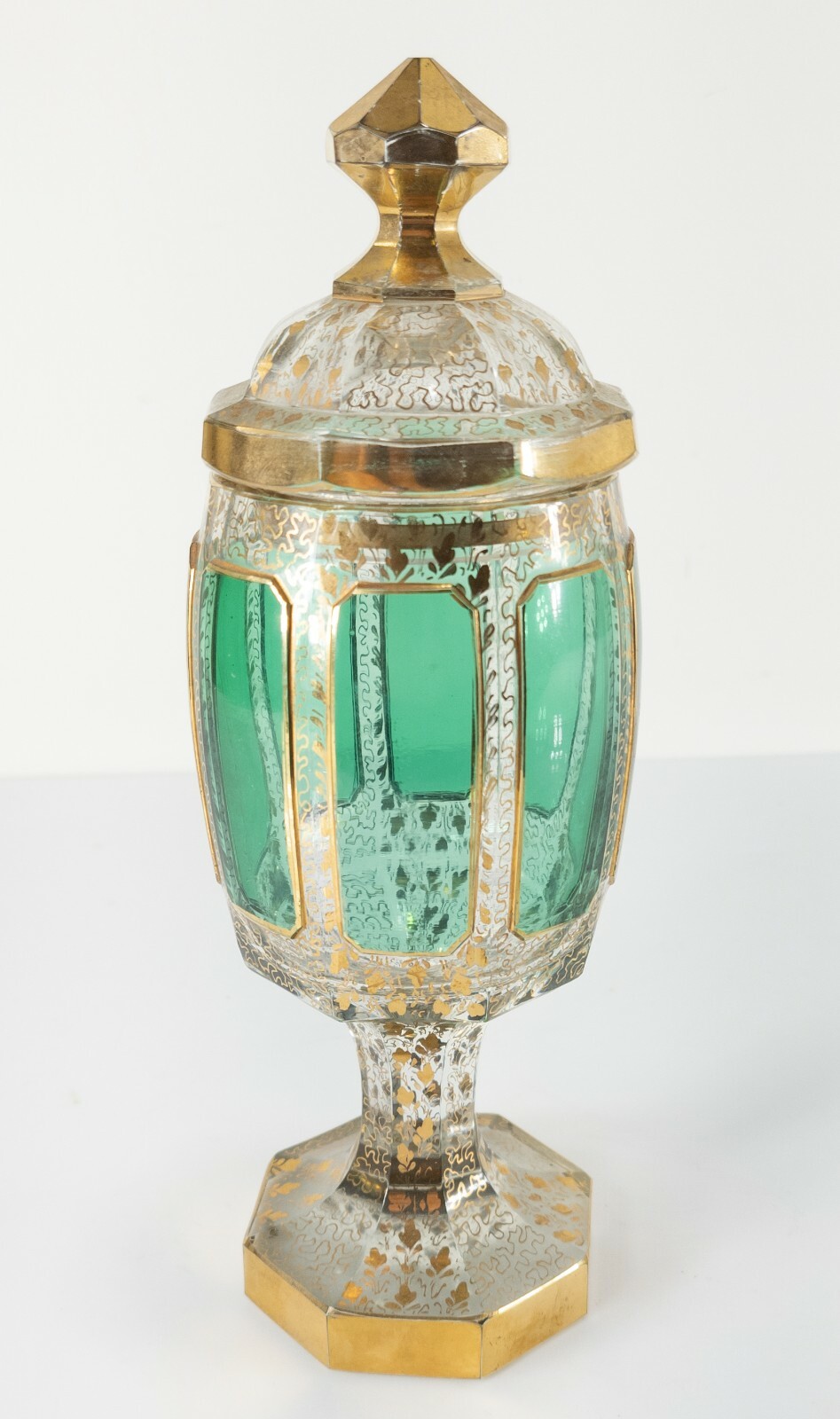 Antique Bohemian Crystal Glass Moser Style Green Cabochon and Gilt Urn Vase