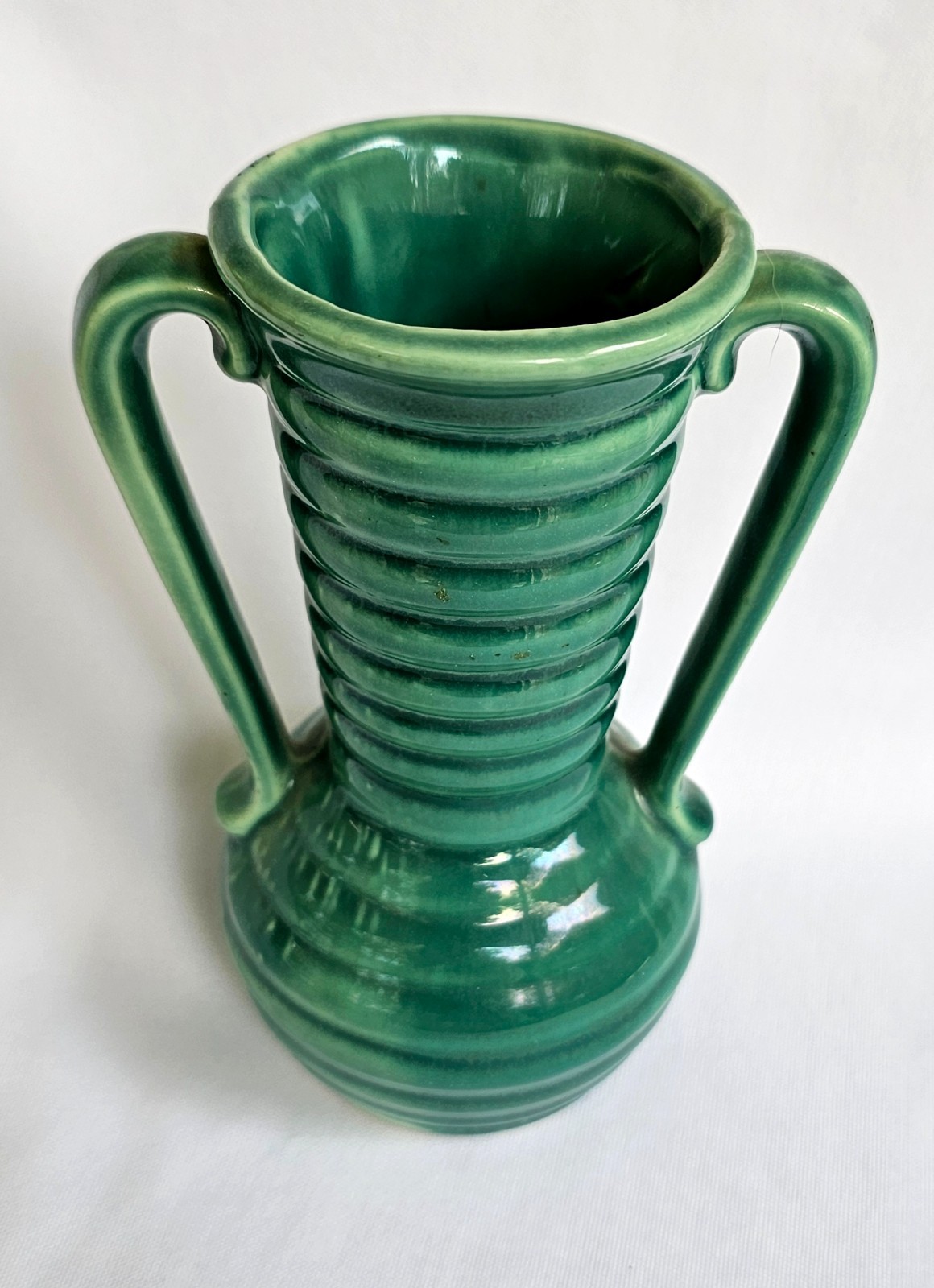 Vintage Shawnee Pottery Ringed Banded Cabinet Vase Green 5 3/8″ Tall EUC