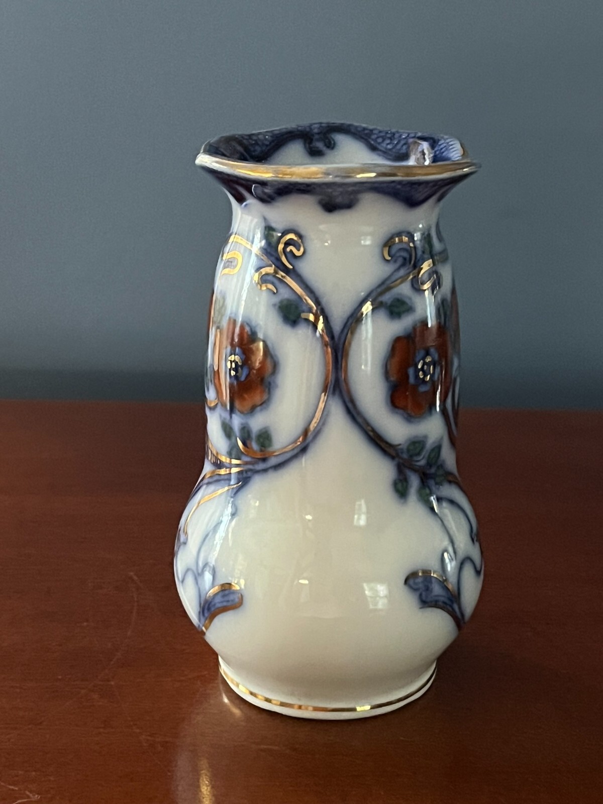ANTIQUE FURNIVALS ENGLAND NILE FLOW BLUE ORANGE GOLD 6″ VASE 1903-04 RARE!