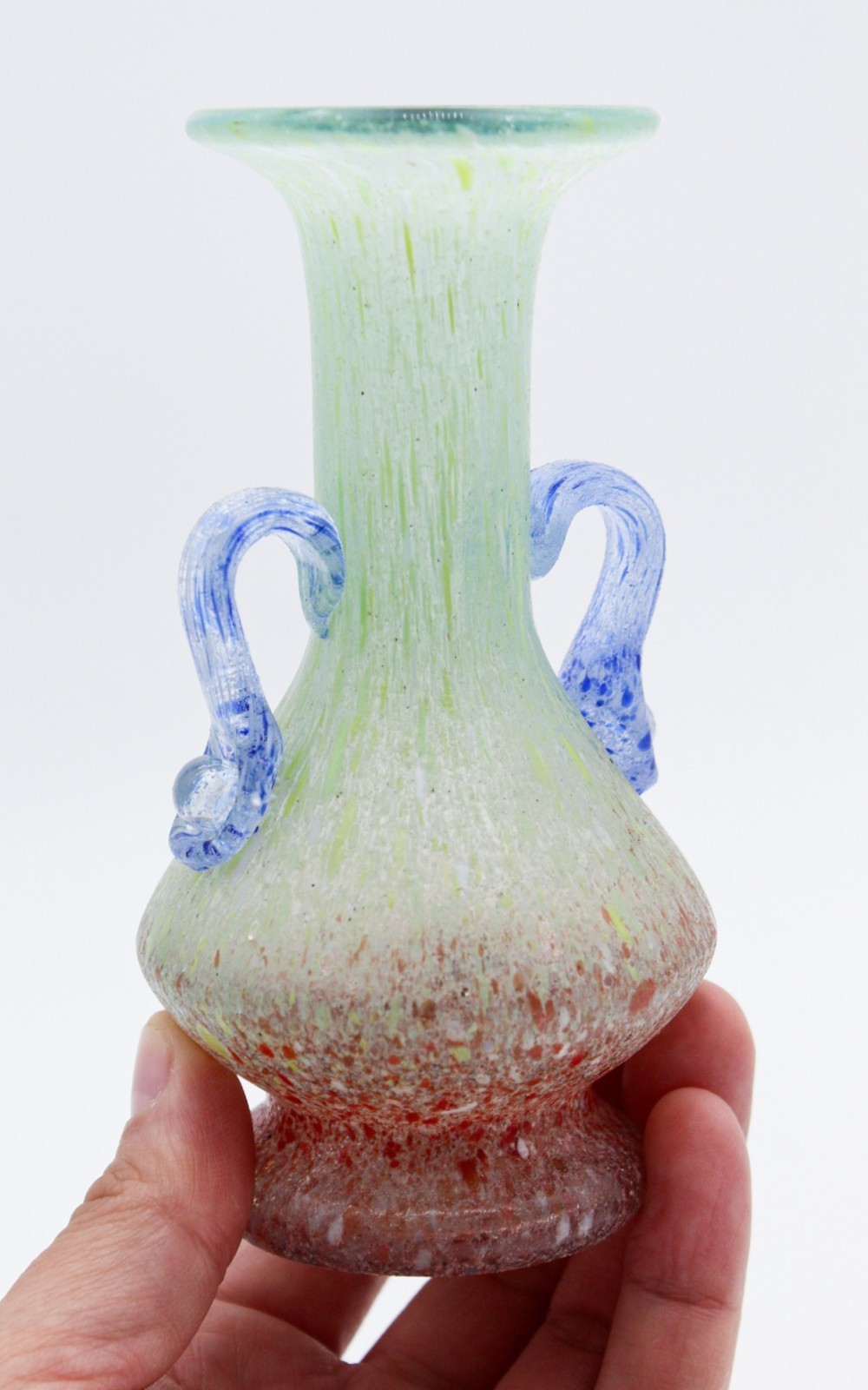 Mid-Century Modern Multicolor Art Glass Speckled Handled Small Vase