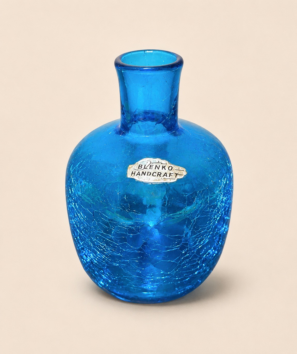 Vintage Blenko Cobalt Blue Crackle Glass Vase Handcrafted Original Sticker