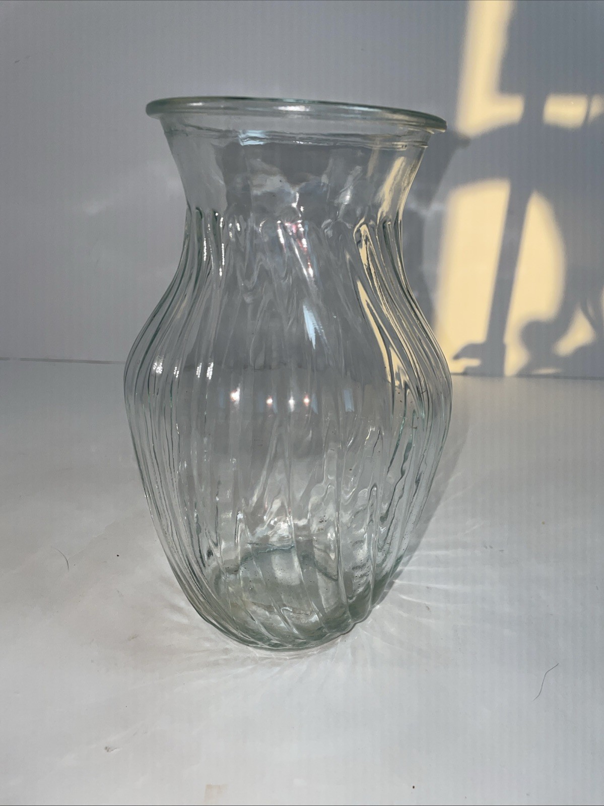 Vintage Large Glass Vase With Ornate Swirl Pattern 8” Tall Clear
