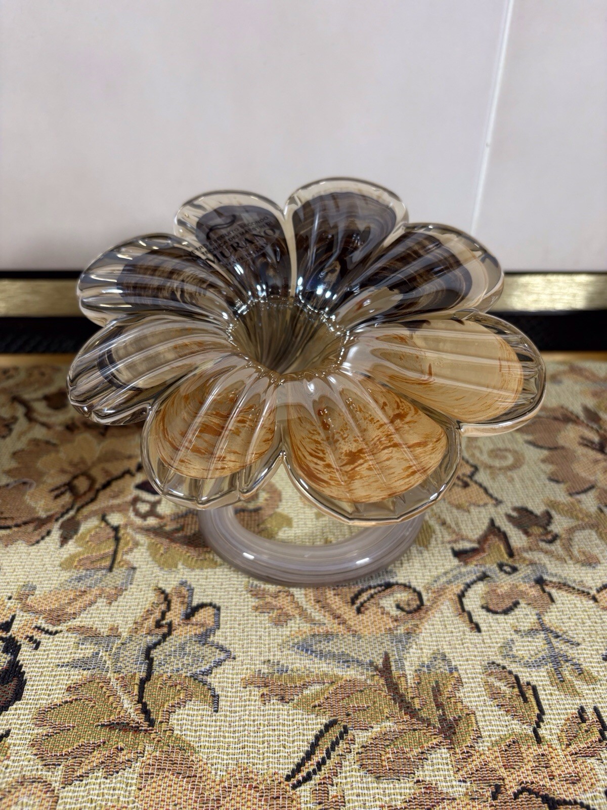Pair Murano Italian Art Glass Flower Centerpieces Amber Brown Swirl New