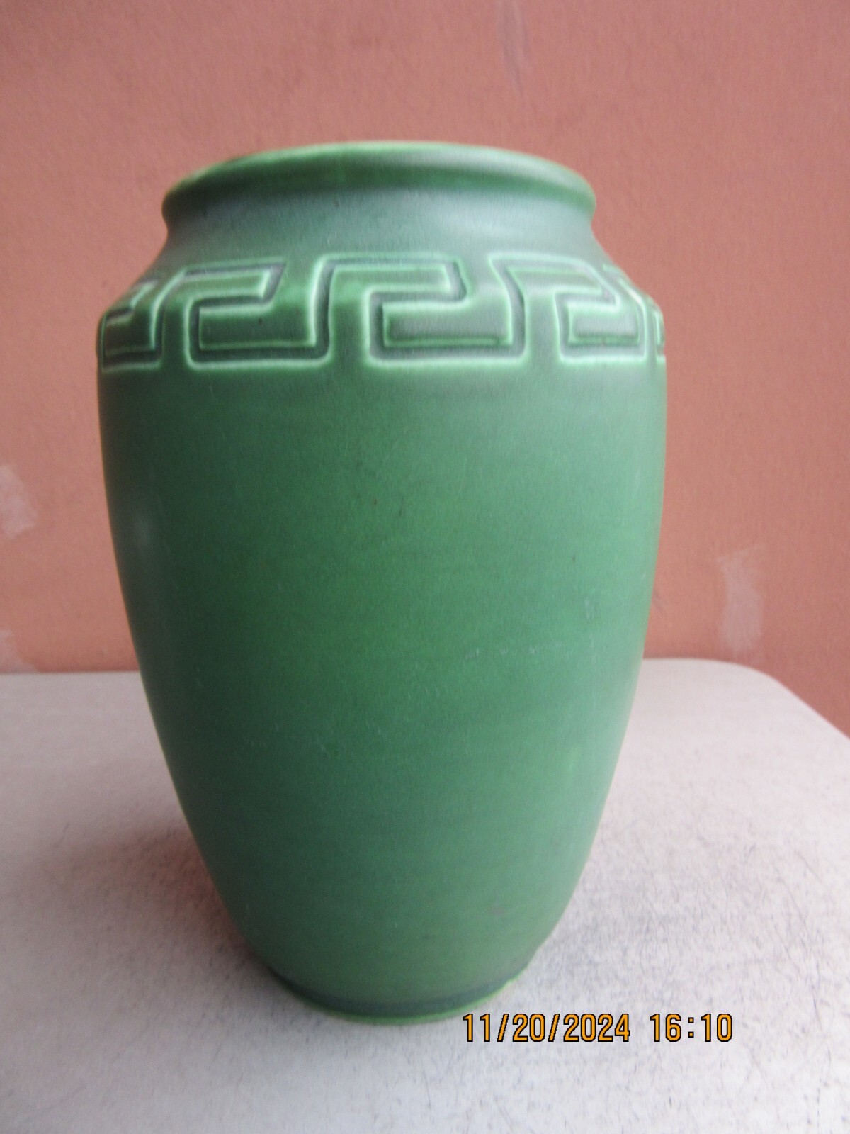 MINT Rookwood Hand Tooled Matte Green 8 3/4″ Greek Key Vase 1905
