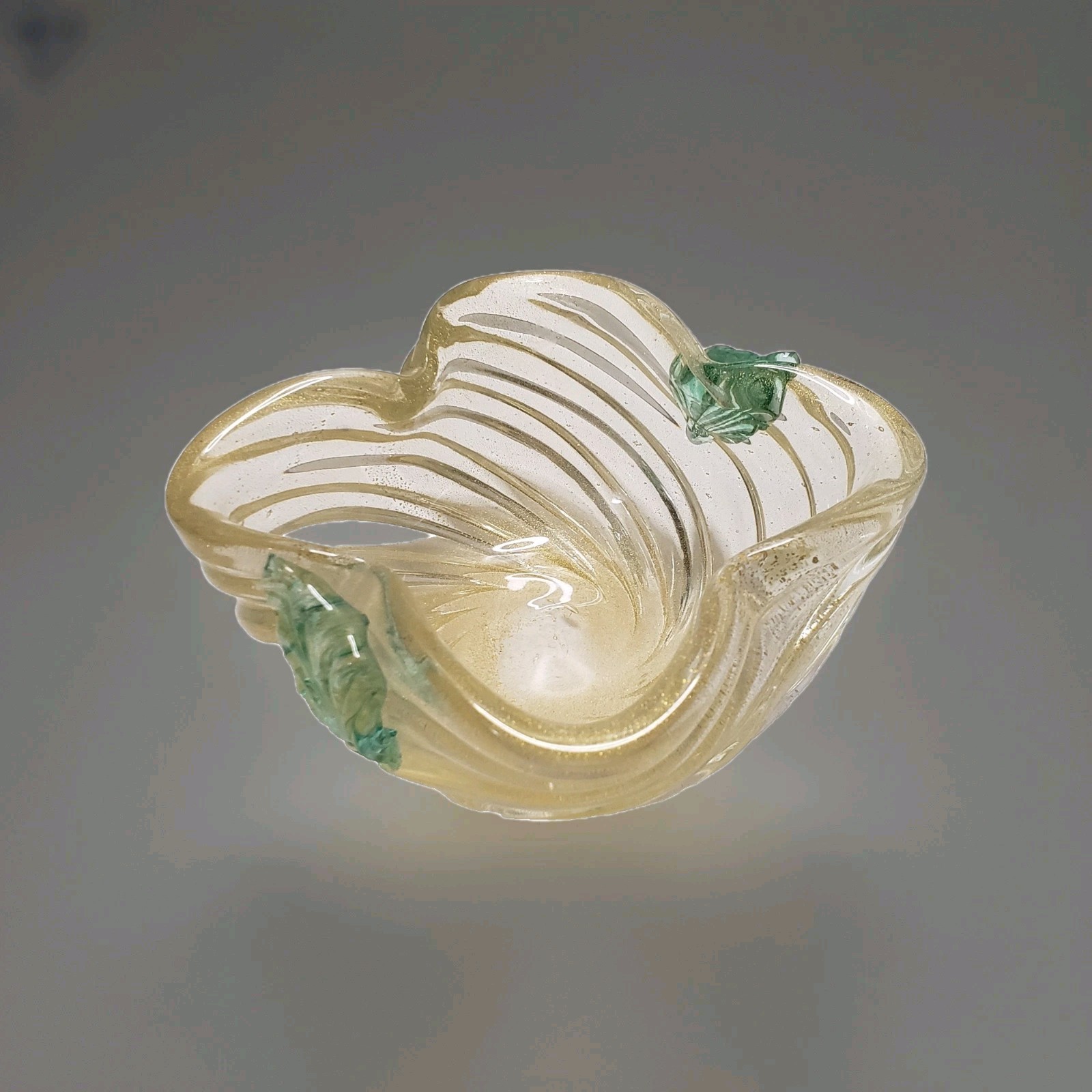 Vintage Murano Barovier Toso Gold Poliveri & Green Leaves Vase Bowl Italy